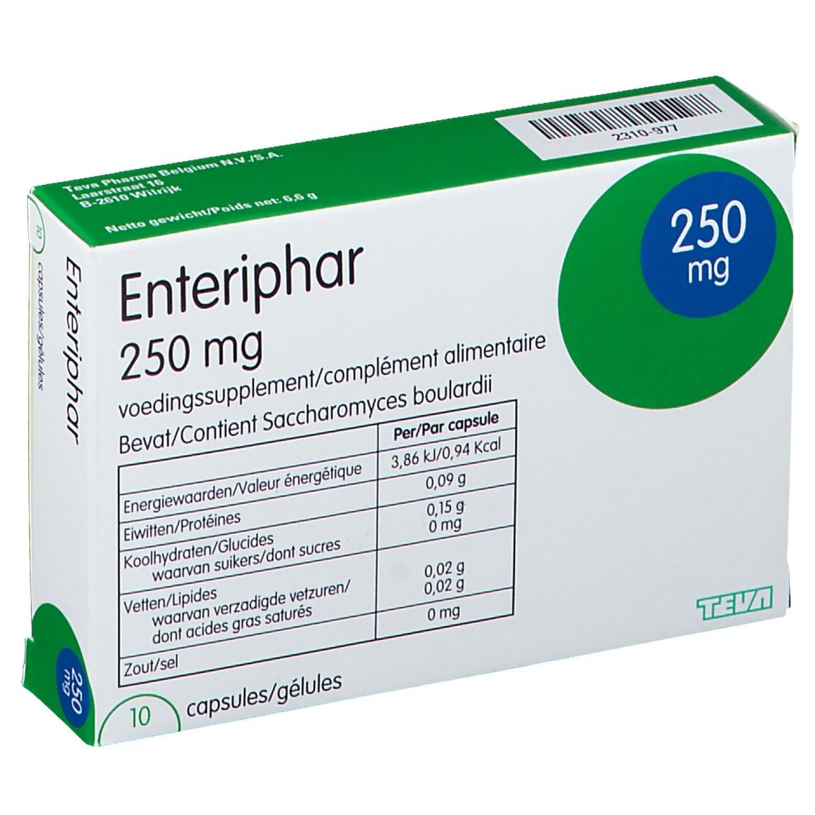 Boîte Enteriphar 250 mg. Emballage blanc et vert. Contient 10 gélules. Informations nutritionnelles.