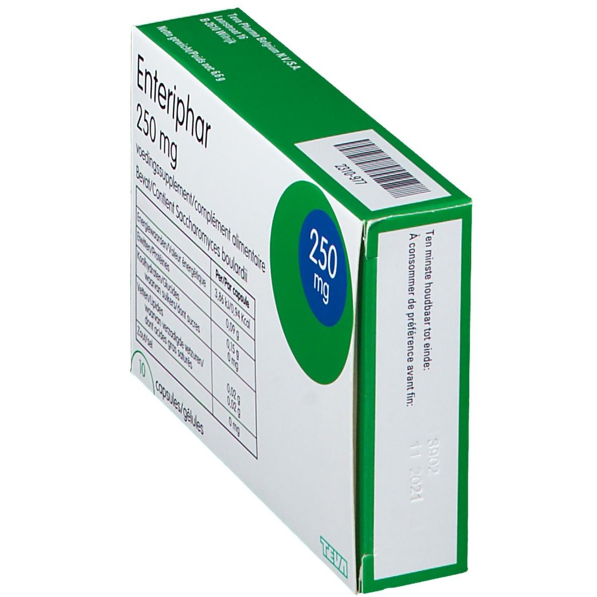 Boîte Enteriphar 250 mg, emballage vert et blanc. Vue latérale. Texte et dosage.