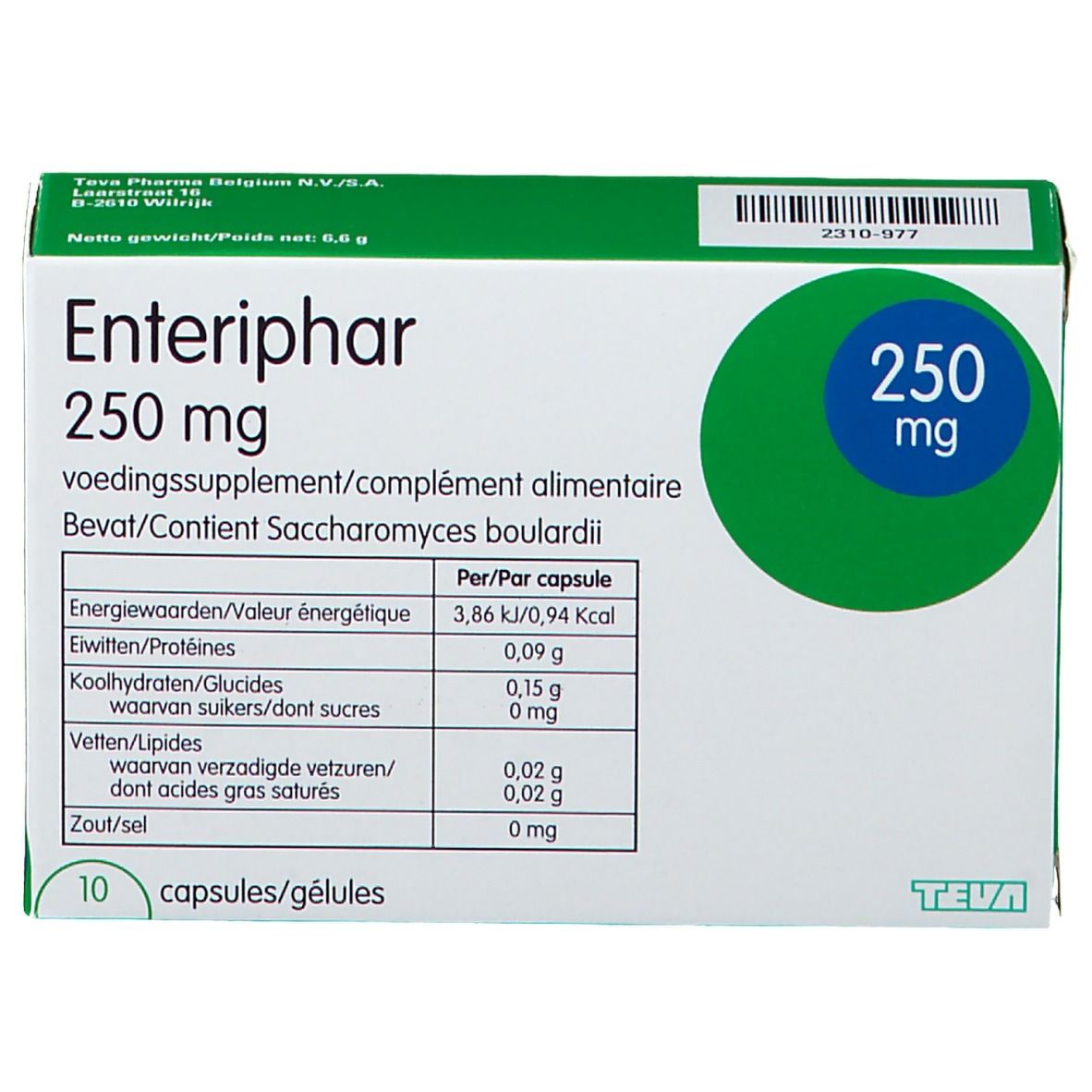 Boîte Enteriphar 250 mg. Emballage blanc et vert. Informations nutritionnelles et 10 gélules.