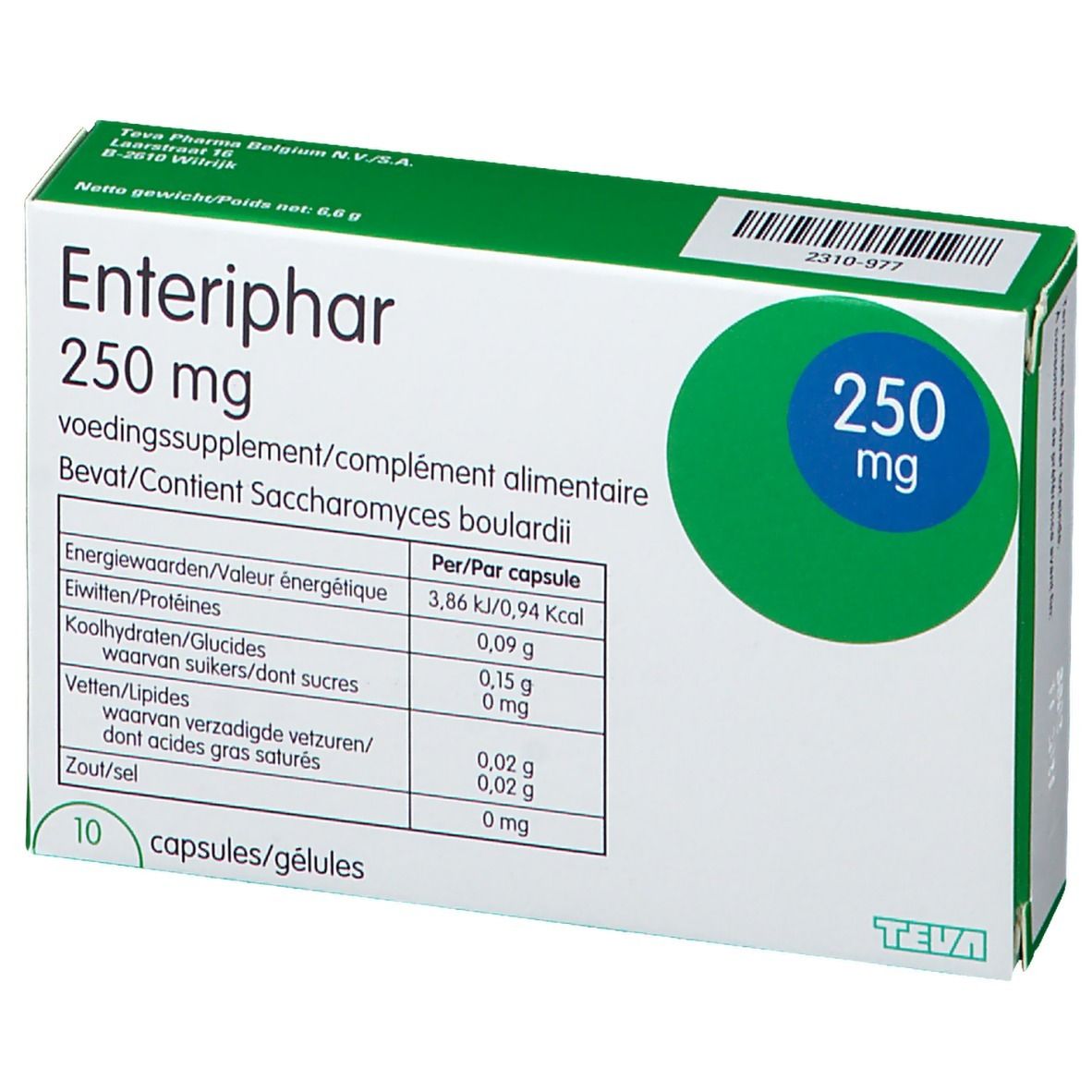 Boîte Enteriphar 250 mg. Emballage blanc et vert. Informations nutritionnelles et 10 gélules.
