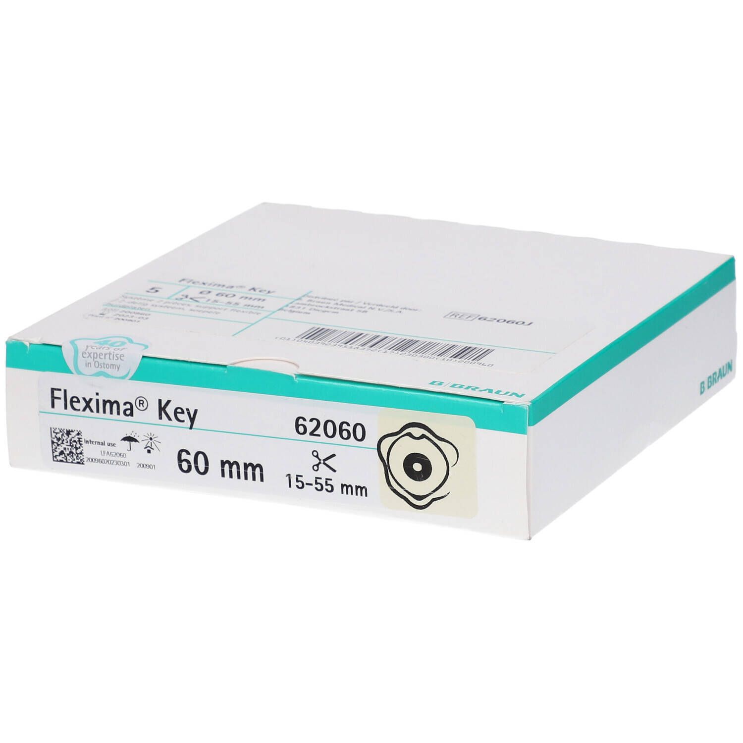Boîte Flexima Key, 60 mm. Inscriptions : 62060, 15-55 mm. Logo B. Braun. Emballage blanc et vert.