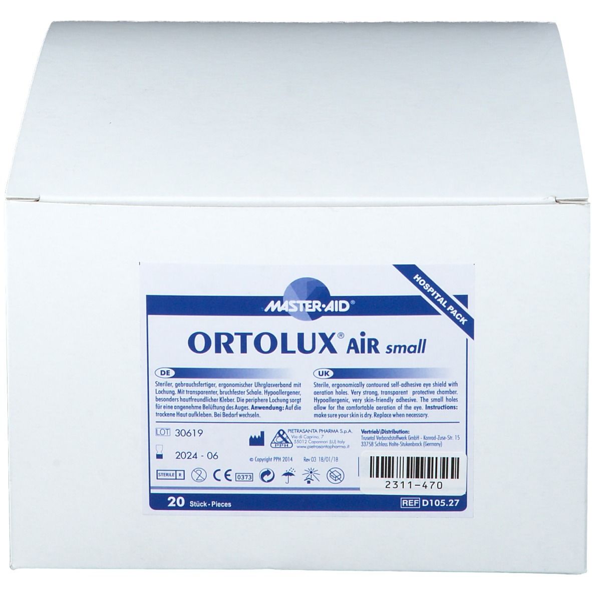 Weißer Karton mit Aufdruck. Aufschrift: ORTOLUX AIR small, MASTER-AID Logo, 20 Stück, Haltbarkeit bis 2024-06. Krankenhauspackung.