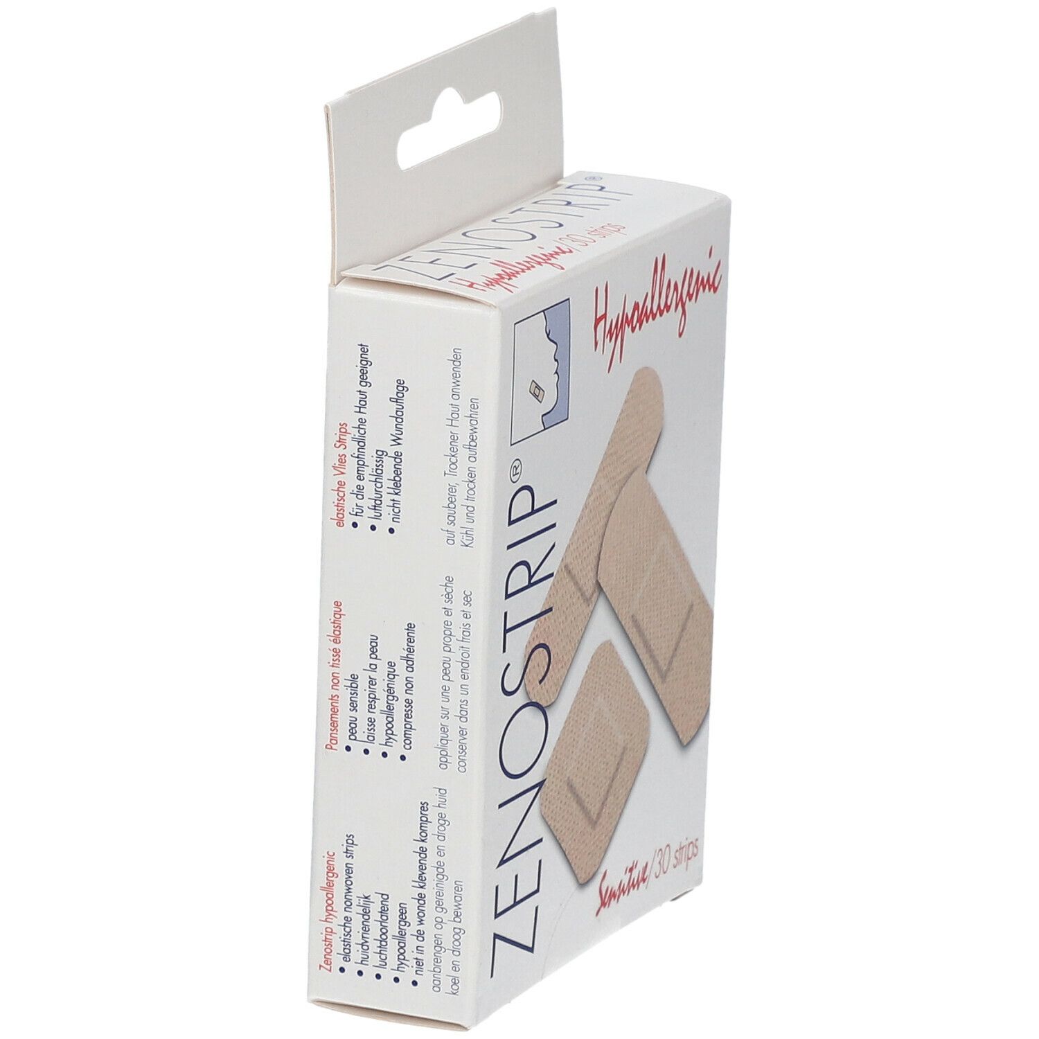 Vue latérale de la boîte de pansements Zenostrip Sensitive. Texte : Hypoallergénique, 30 pièces. Liste des propriétés en plusieurs langues.