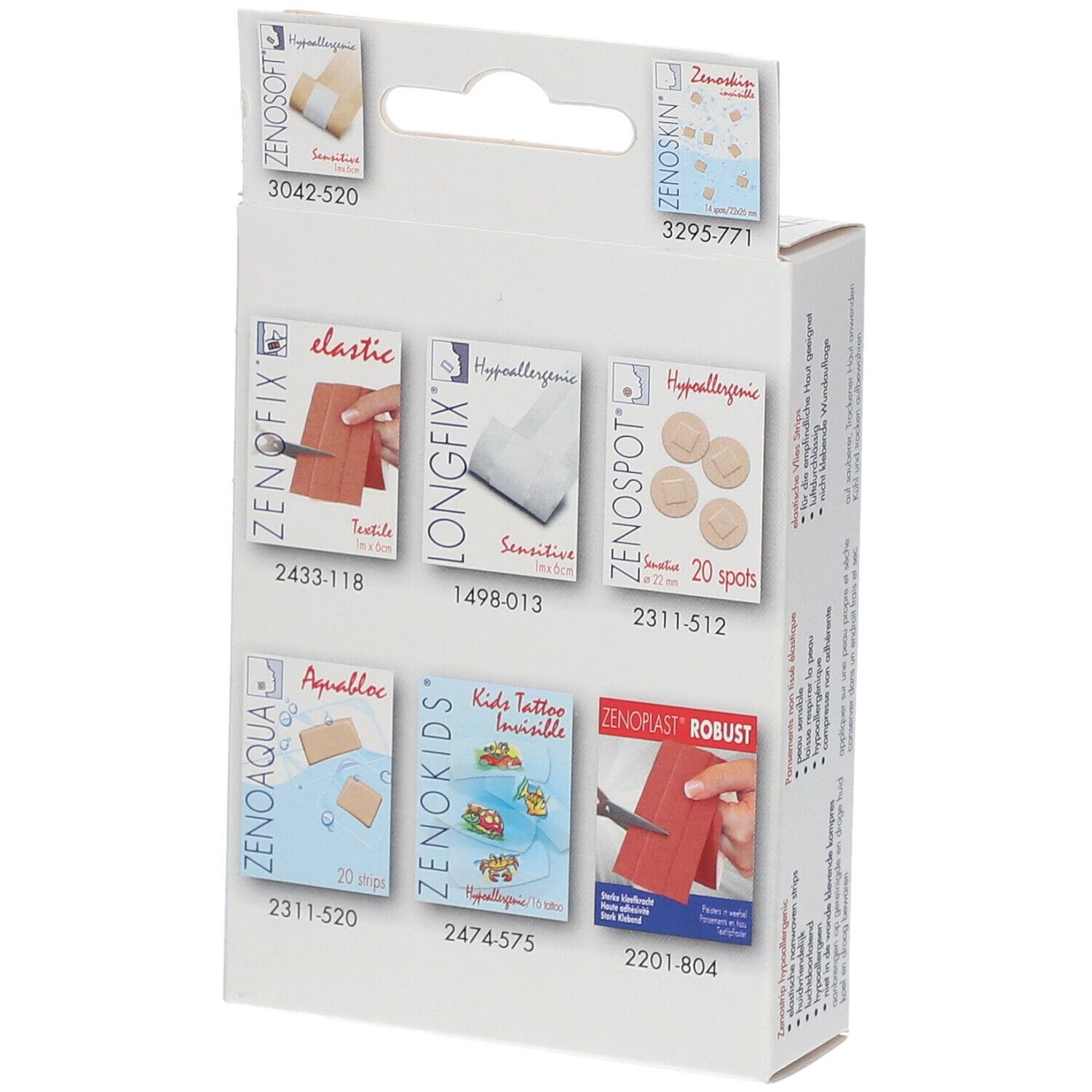 Dos de la boîte de pansements Zenostrip. Montre différents types de pansements : ZenoFix, ZenoSpot, ZenoAqua, ZenoKids, ZenoPlast.