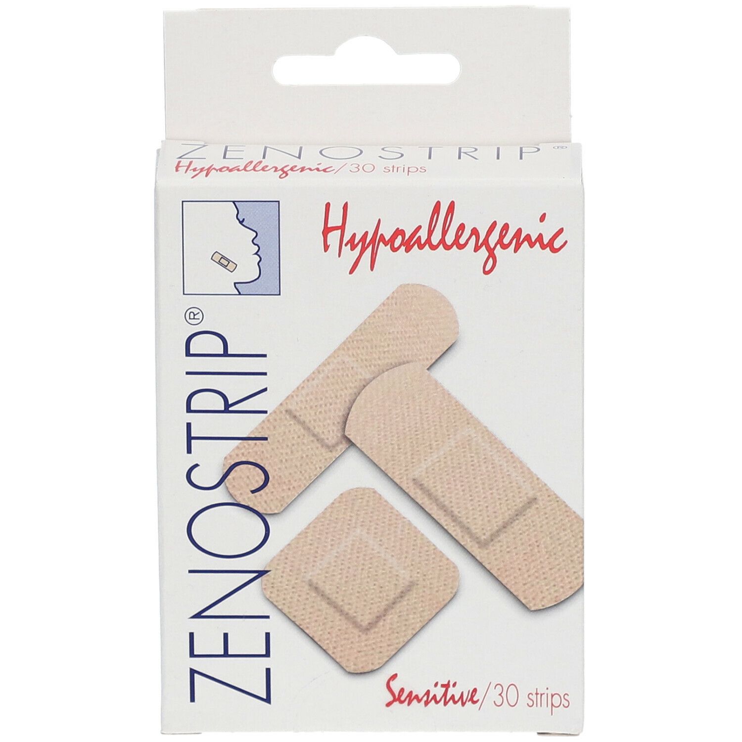 Boîte de pansements Zenostrip Sensitive. Montre trois formes de pansements. Inscription : Hypoallergénique, 30 pièces.