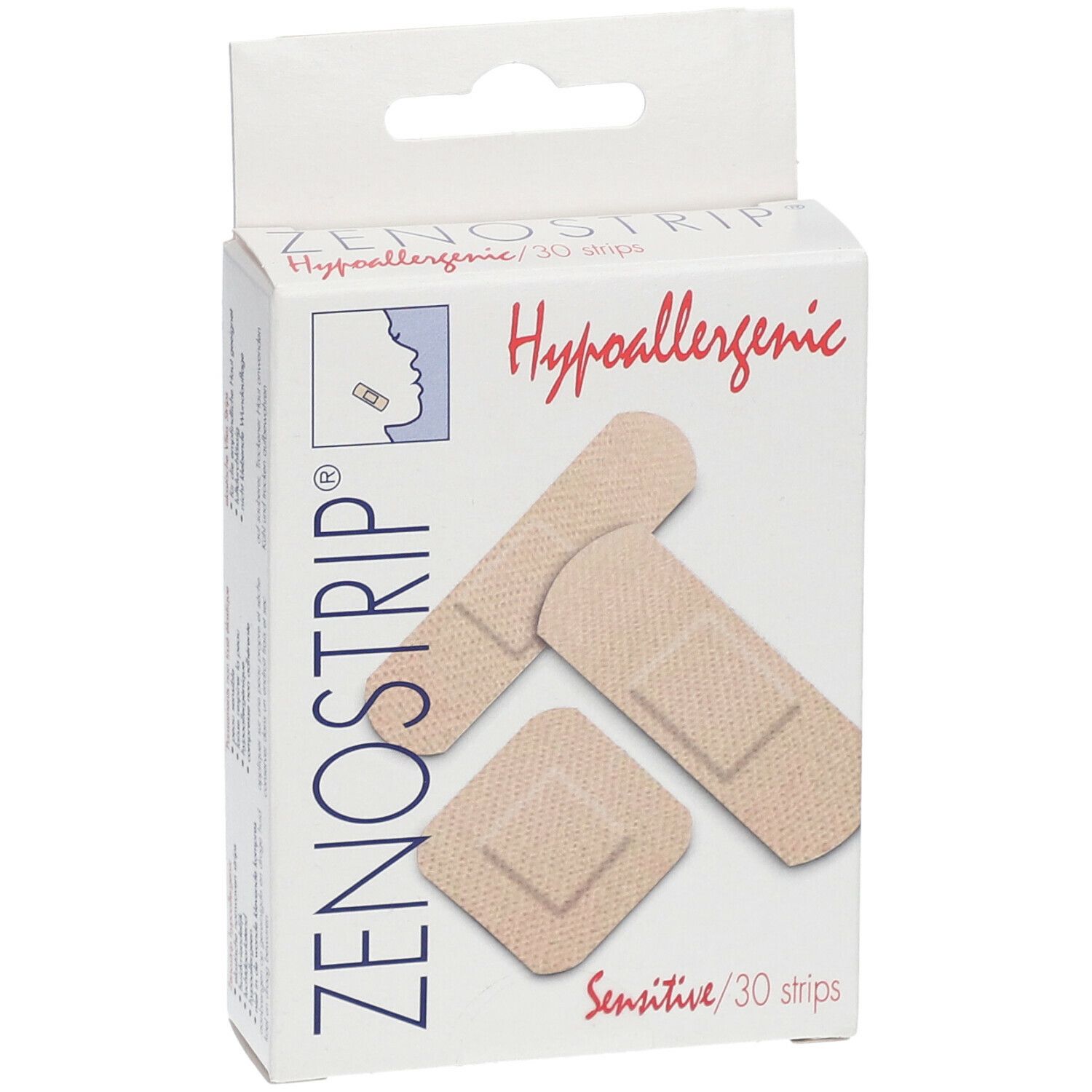 Boîte de pansements Zenostrip Sensitive. Montre trois formes de pansements. Inscription : Hypoallergénique, 30 pièces.