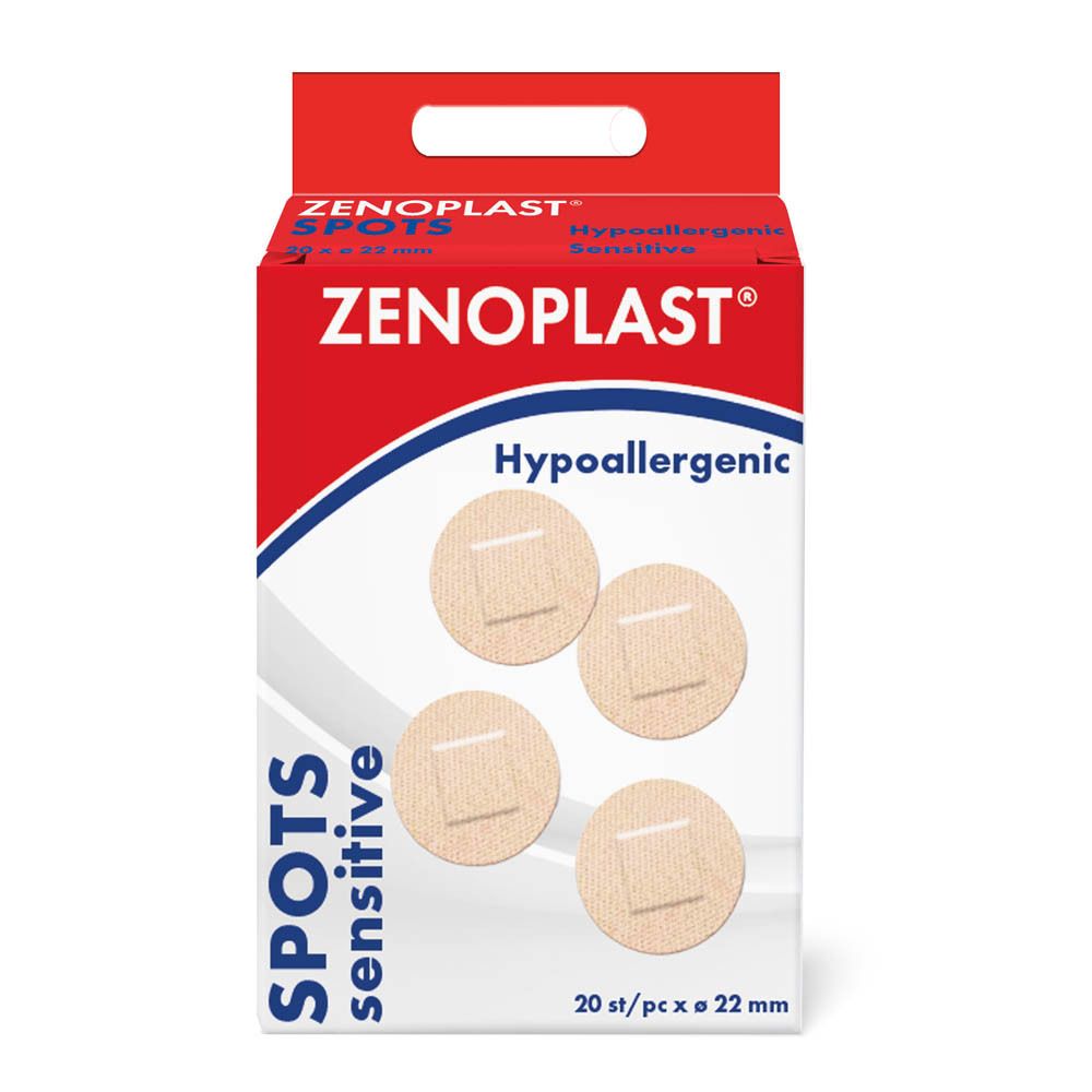 Verpakking pleisters ZENOPLAST Spots Sensitive. 20 stuks, 22 mm. Hypoallergeen.