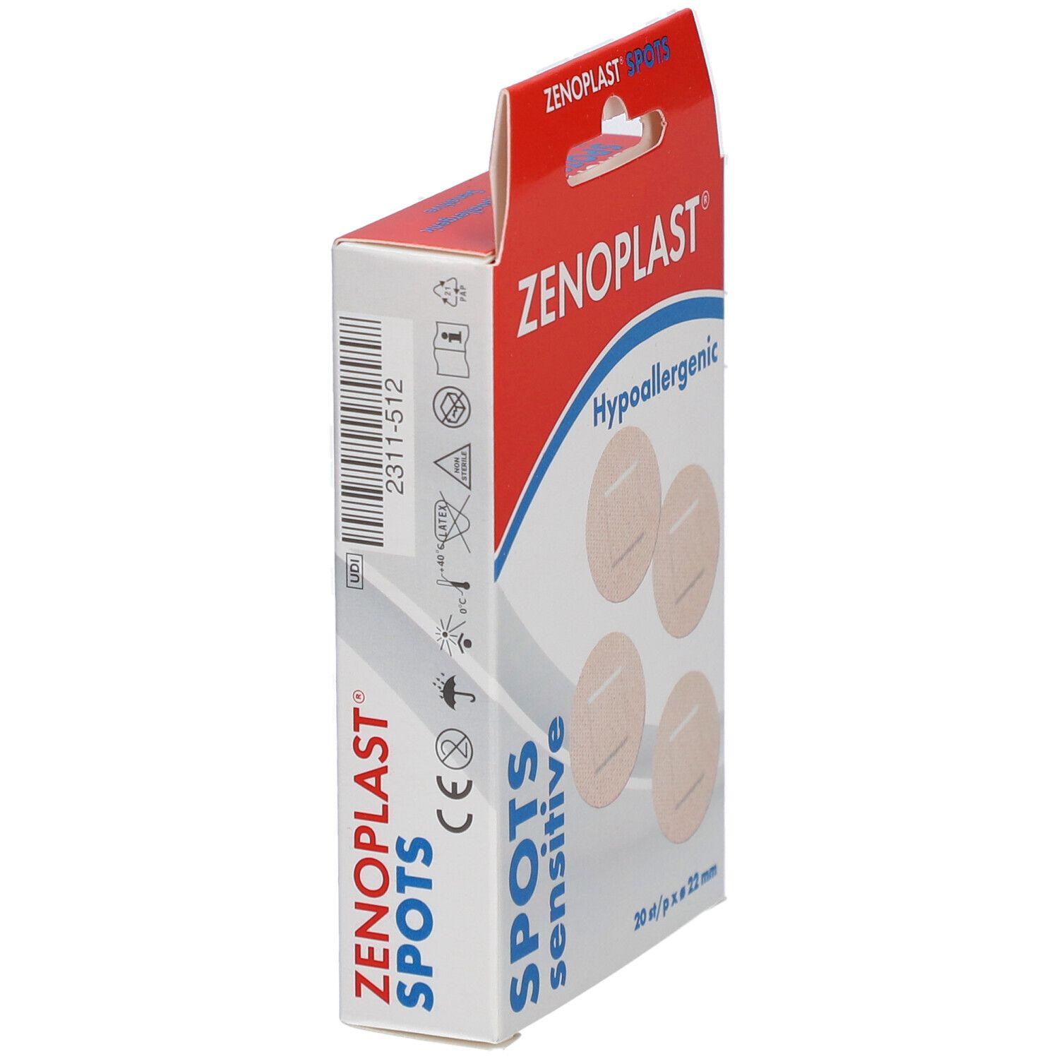 Verpakking pleisters ZENOPLAST Spots Sensitive. 20 stuks, 22 mm. Hypoallergeen.