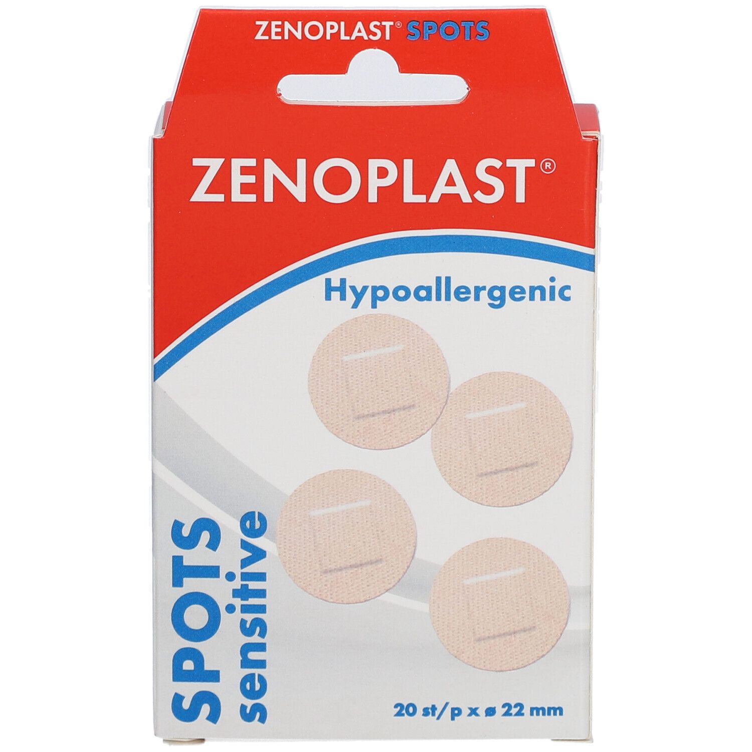 Verpakking pleisters ZENOPLAST Spots Sensitive. 20 stuks, 22 mm. Hypoallergeen.