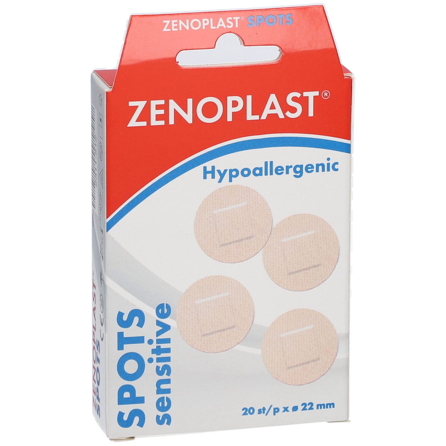 Verpakking pleisters ZENOPLAST Spots Sensitive. 20 stuks, 22 mm. Hypoallergeen.
