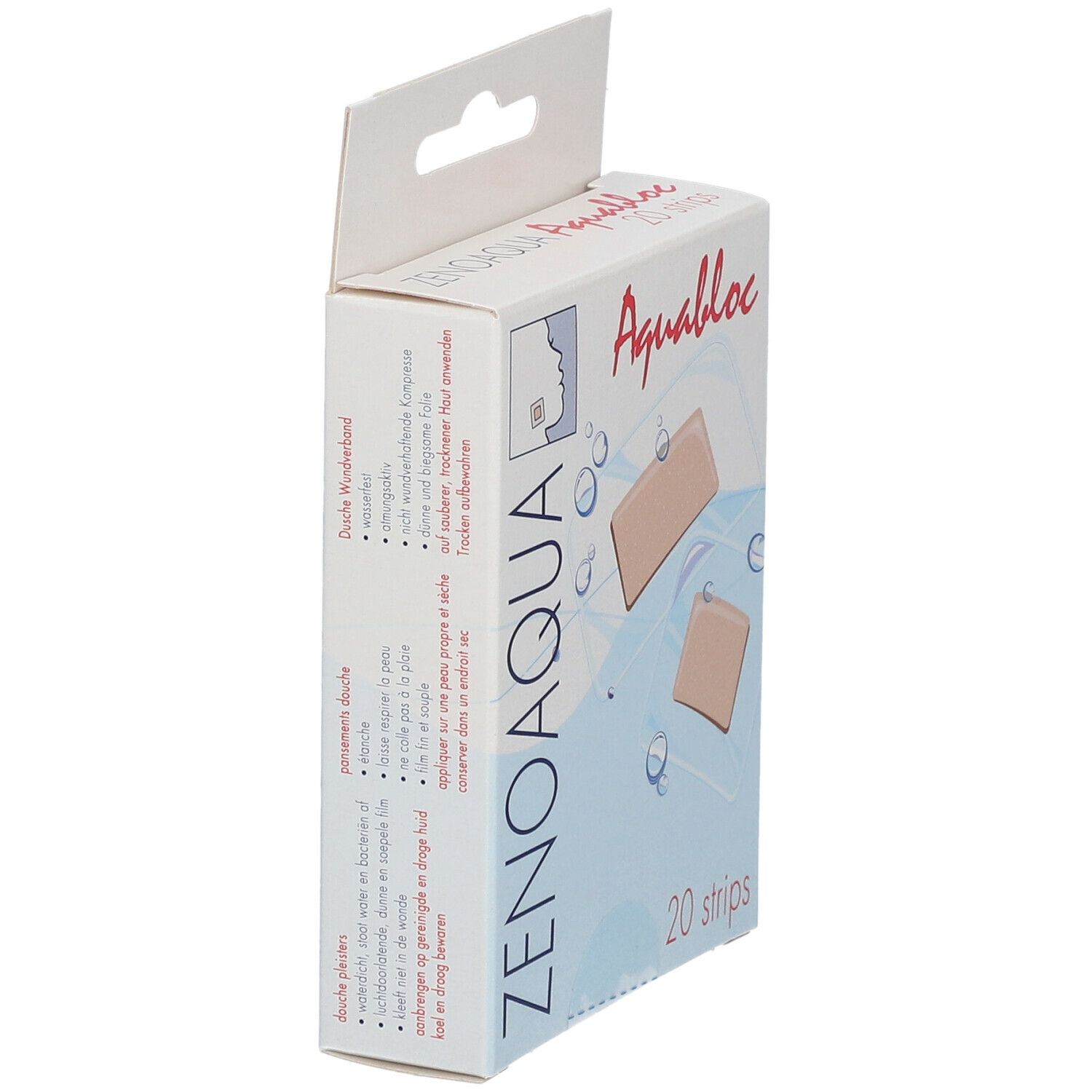 Boîte de pansements Zenoaqua Aquabloc, 20 pièces. Vue latérale avec texte et pansements.