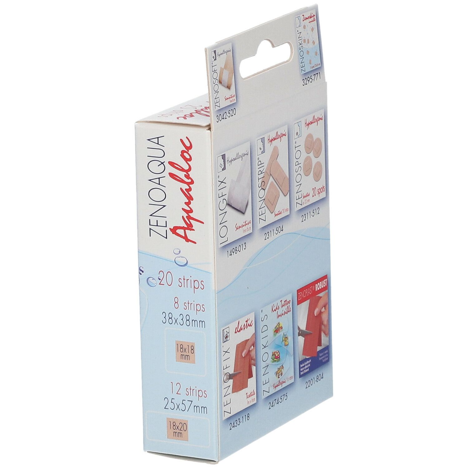 Boîte de 20 pansements Aquabloc Zenoaqua. Vue latérale avec texte et tailles de pansements.