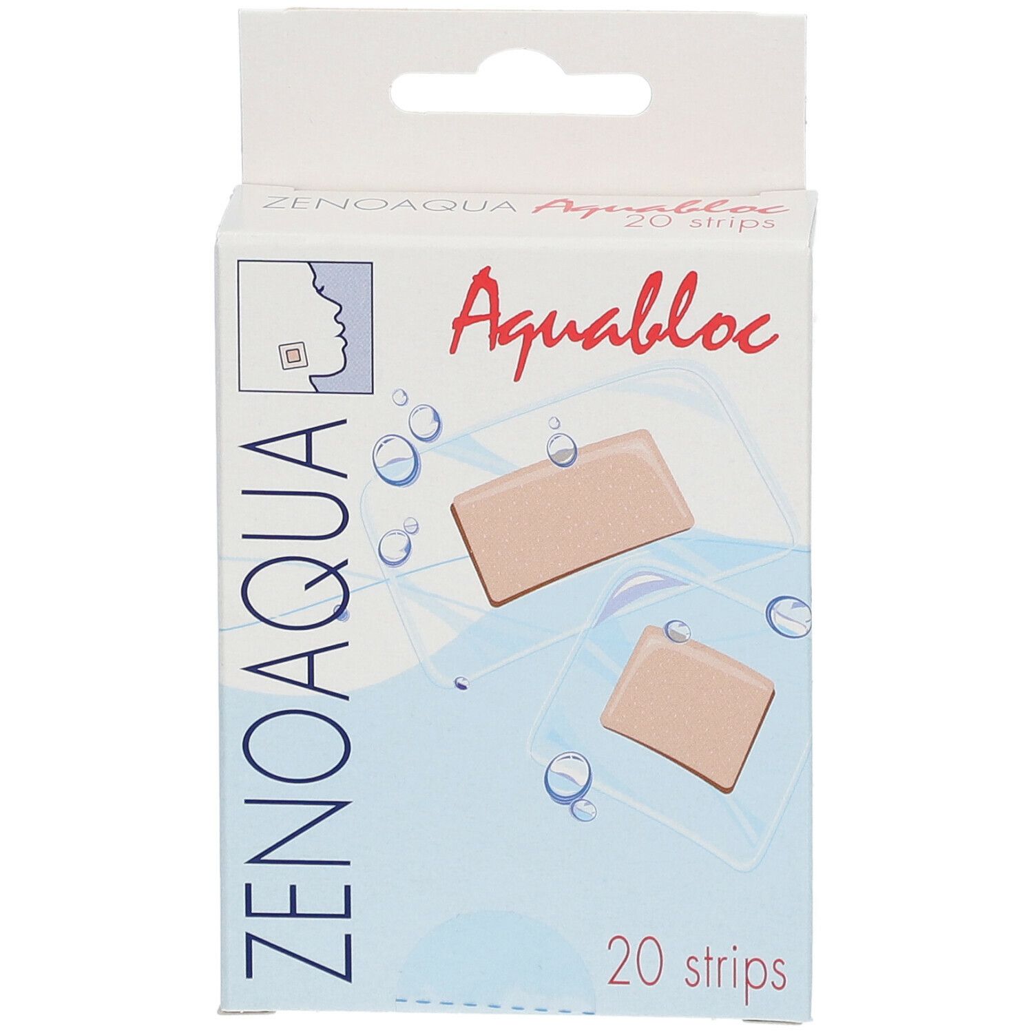 Boîte de 20 pansements Aquabloc Zenoaqua. Pansements beiges représentés. Logo visage.