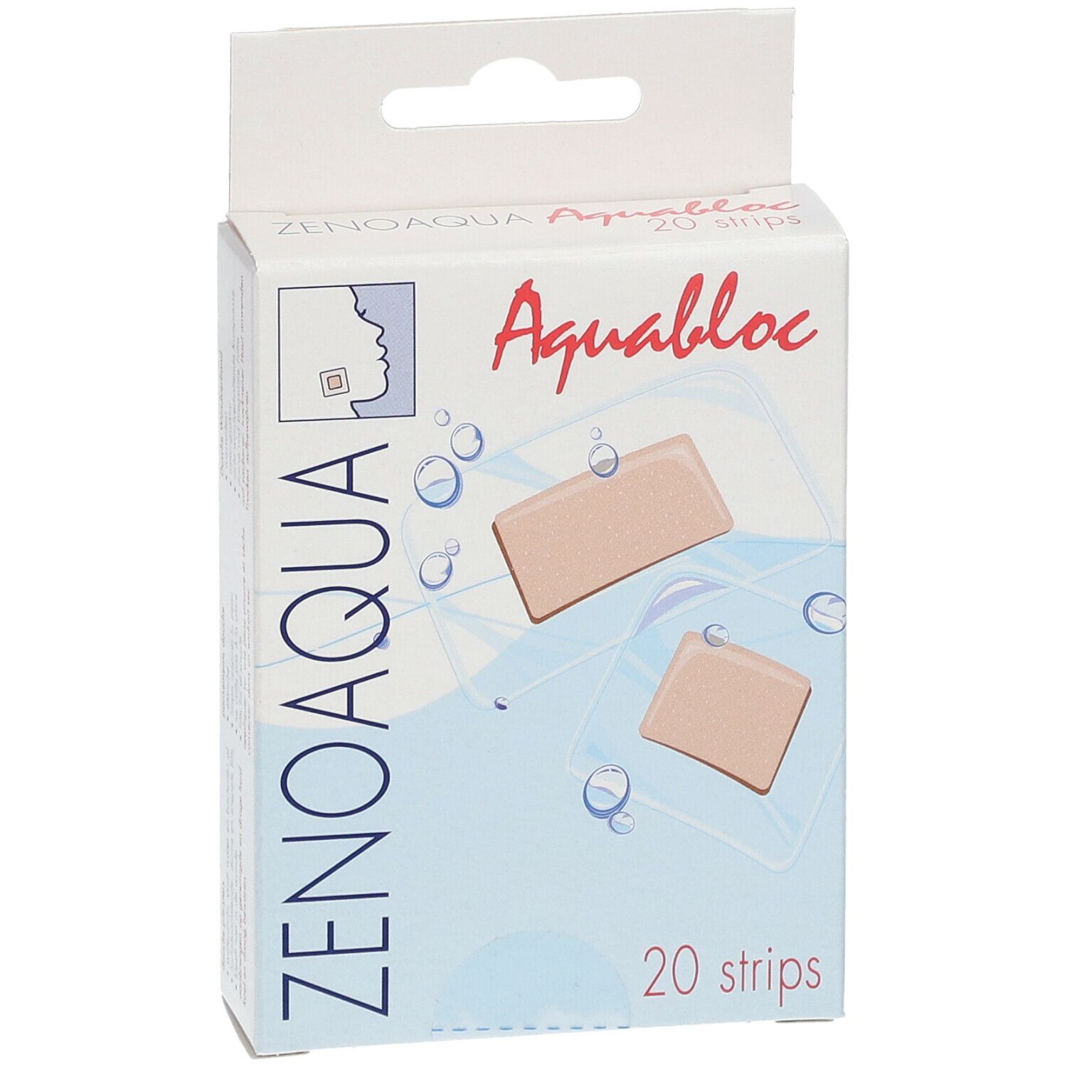 Boîte de 20 pansements Aquabloc Zenoaqua. Pansements beiges représentés. Logo visage.