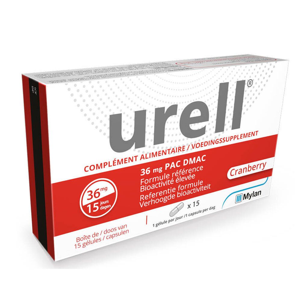 Boîte urell, accents rouges. Contient 15 gélules. Inscription: 36 mg PAC DMAC, Cranberry.