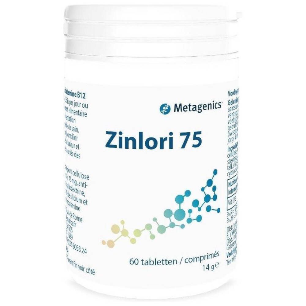Boîte blanche de comprimés Zinlori 75. Contient 60 comprimés. Marque Metagenics.