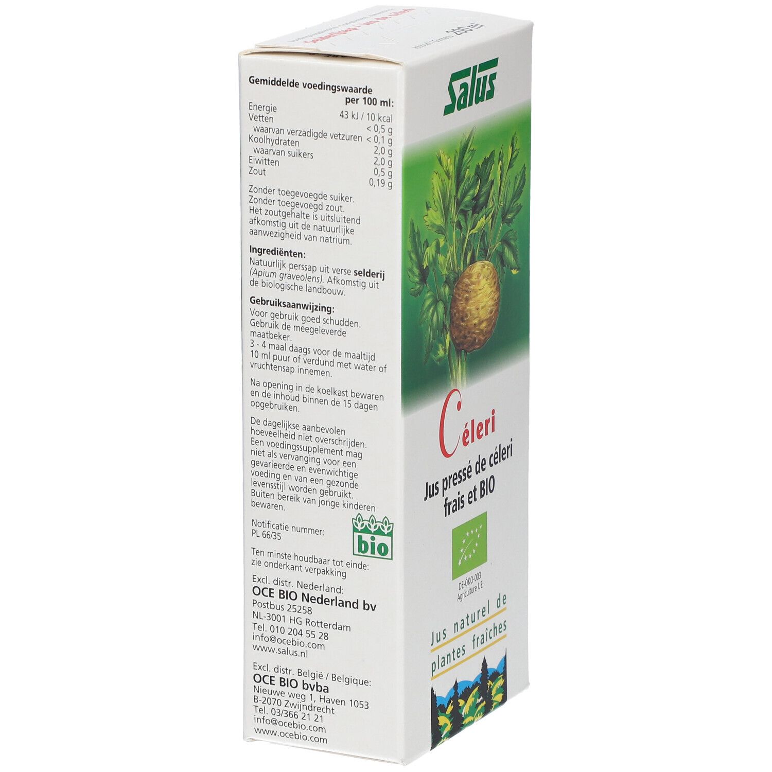 Boîte avec logo Salus et illustration de céleri. Texte : Celeri, Jus pressé de céleri frais et BIO. Informations nutritionnelles et label bio.