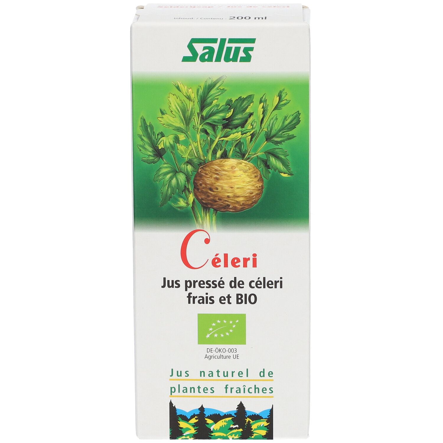 Boîte blanche avec logo Salus et illustration de céleri. Texte : Celeri, Jus pressé de céleri frais et BIO. Label bio.