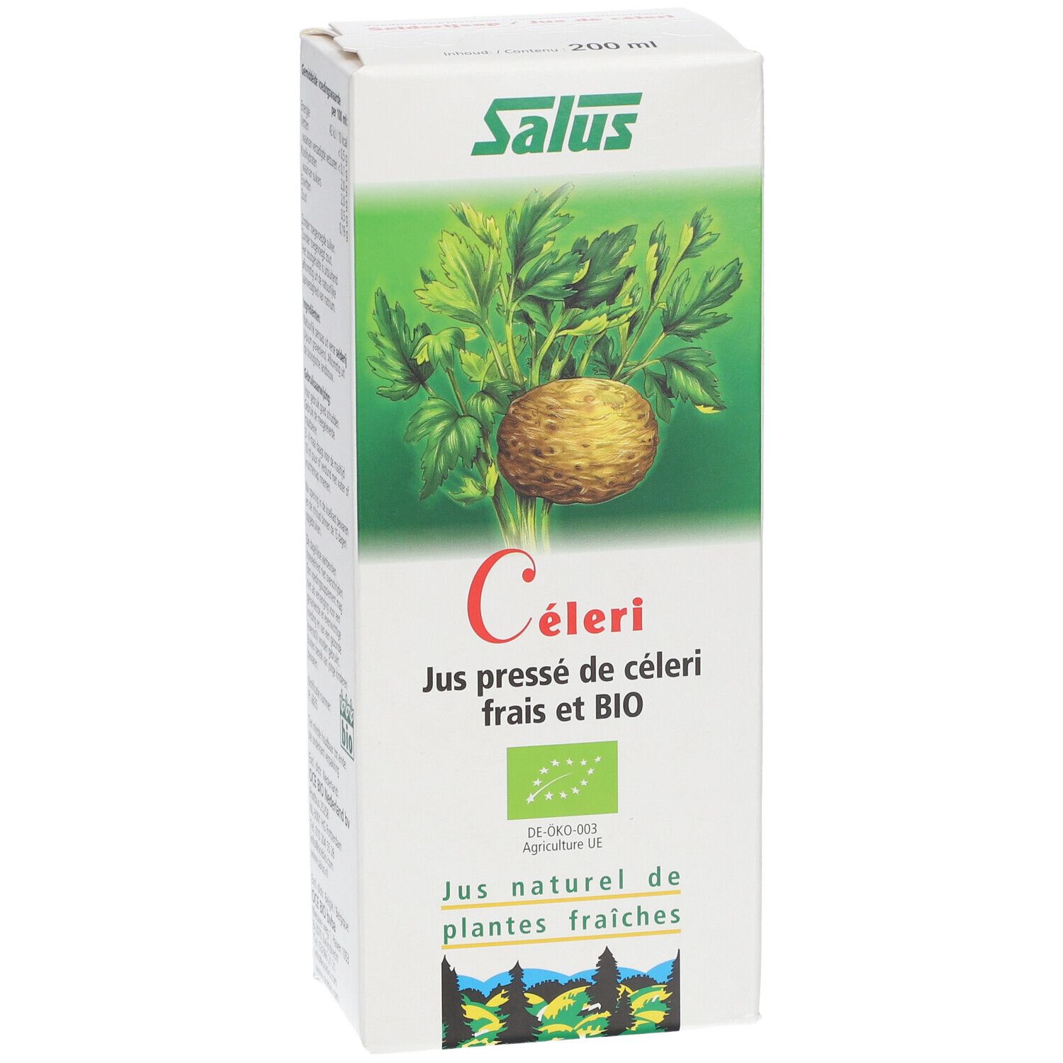 Boîte blanche avec logo Salus et illustration de céleri. Texte : Celeri, Jus pressé de céleri frais et BIO. Label bio.