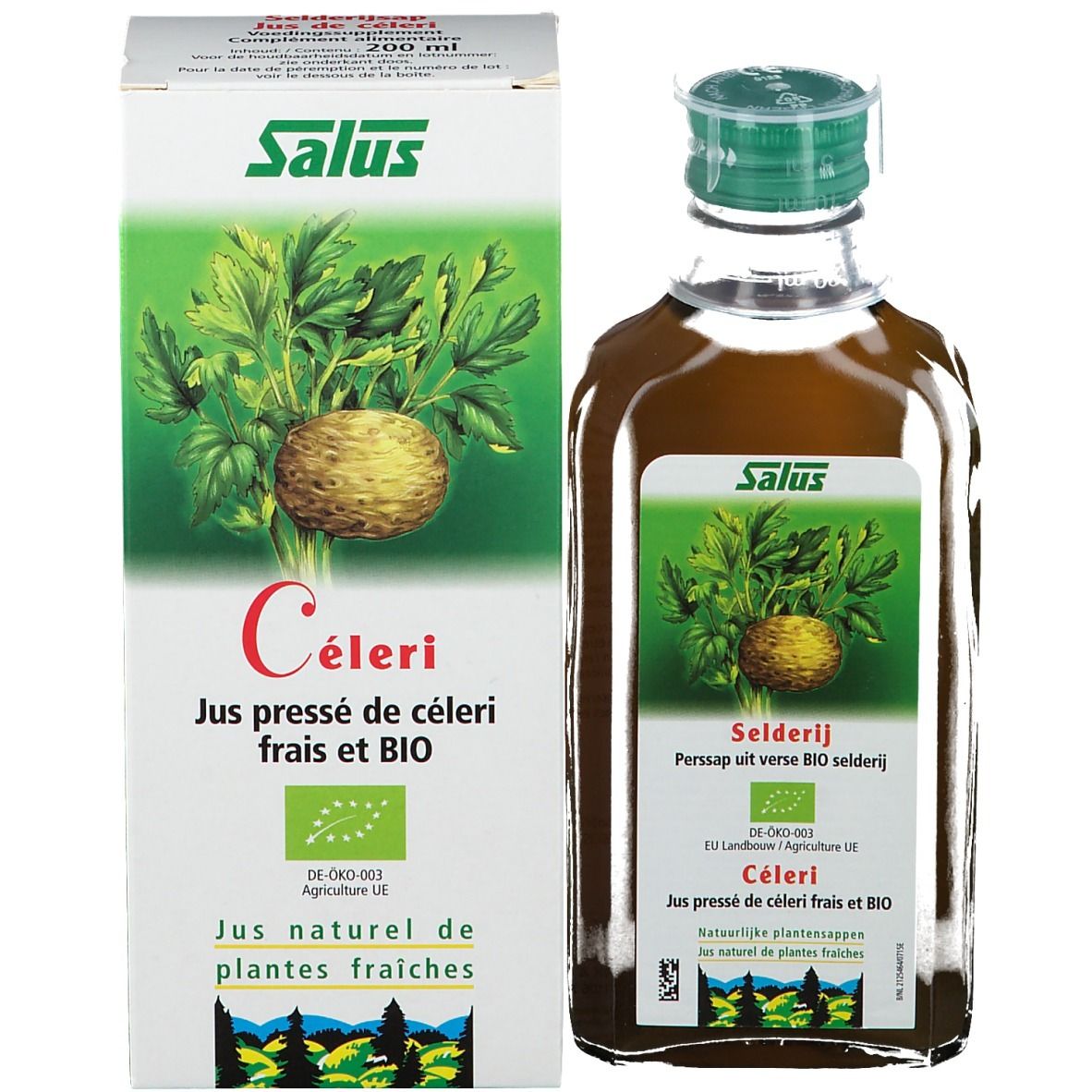 Boîte et bouteille avec logo Salus et illustration de céleri. Texte : Celeri, Jus pressé de céleri frais et BIO. Sellerij, Perssap uit verse BIO selderij.