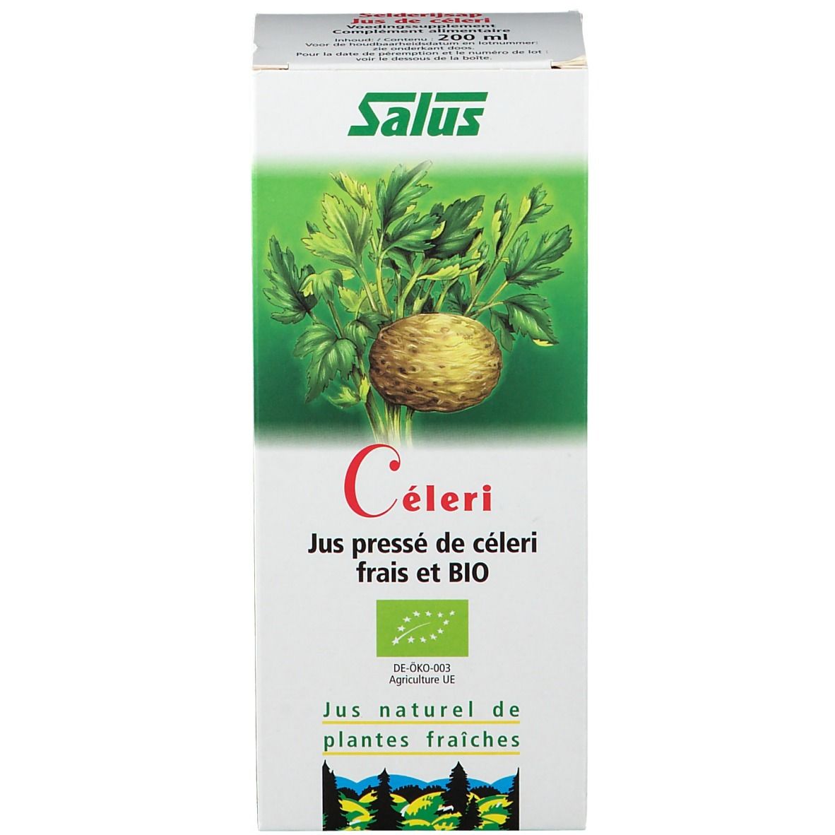 Boîte blanche avec logo Salus et illustration de céleri. Texte : Celeri, Jus pressé de céleri frais et BIO. Label bio.