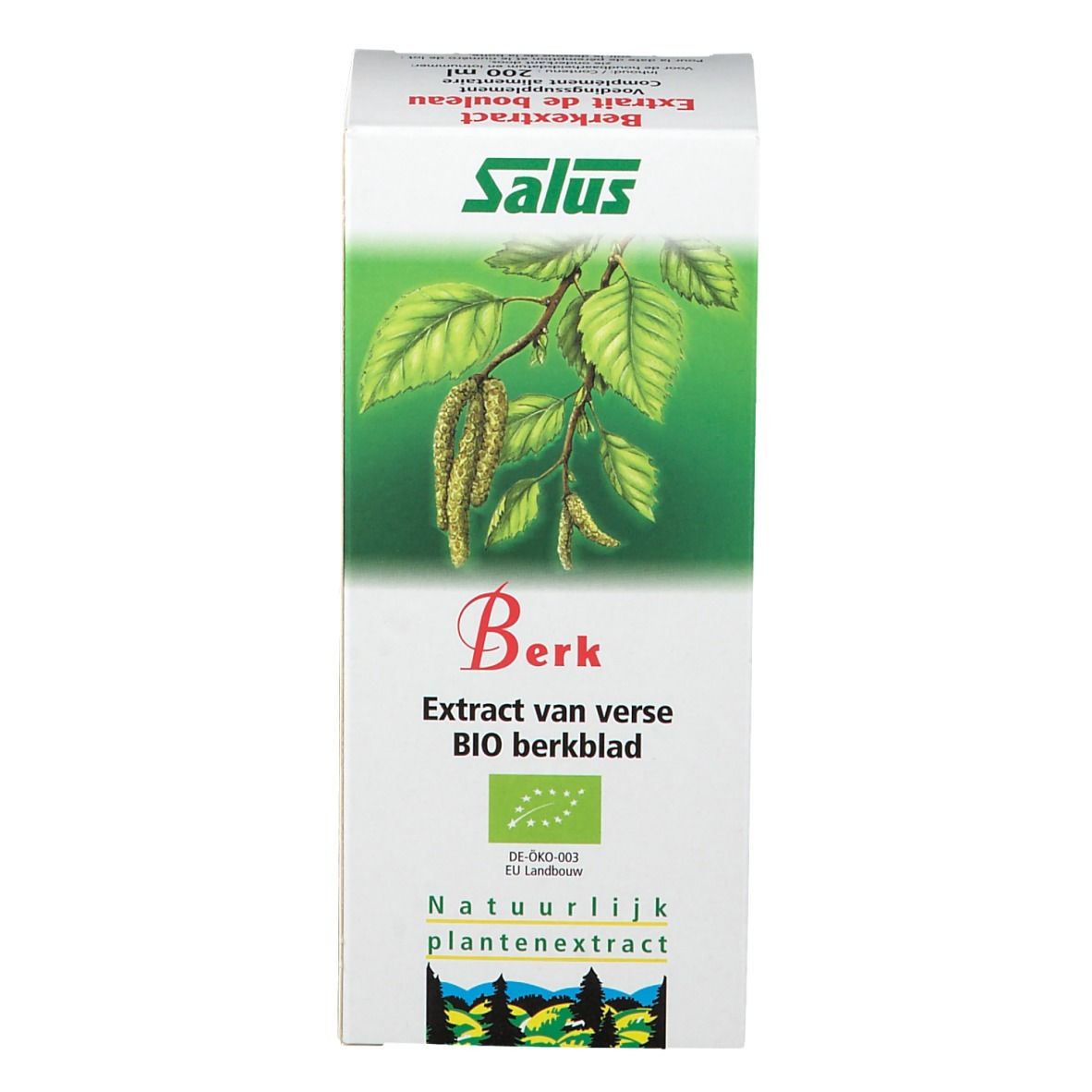 Witte verpakking met Salus-logo, berkenillustratie en tekst in het Nederlands. Met bio-keurmerk.
