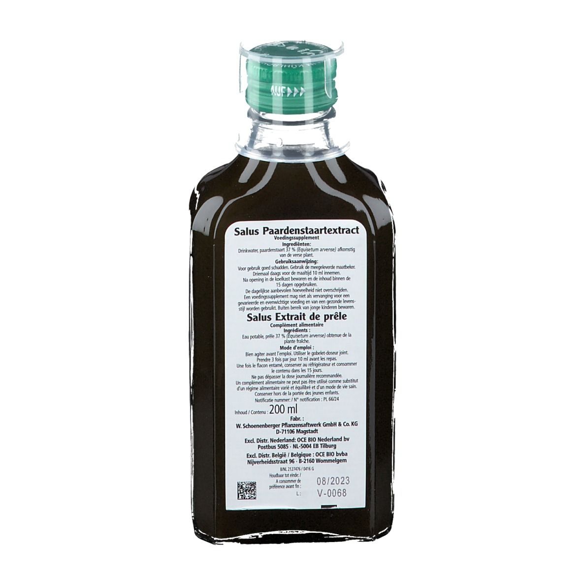 Achterkant van een glazen fles. Etiket met tekst: Salus Paardenstaartextract, Salus Extrait de prêle. Informatie en QR-code.