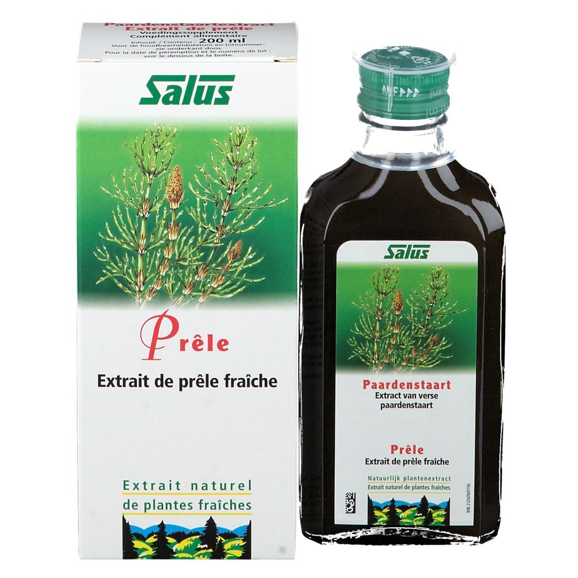 Productverpakking en fles. Verpakking met plantenafbeelding en tekst: Salus, Prêle, Extrait de prêle fraîche. Fles ernaast.