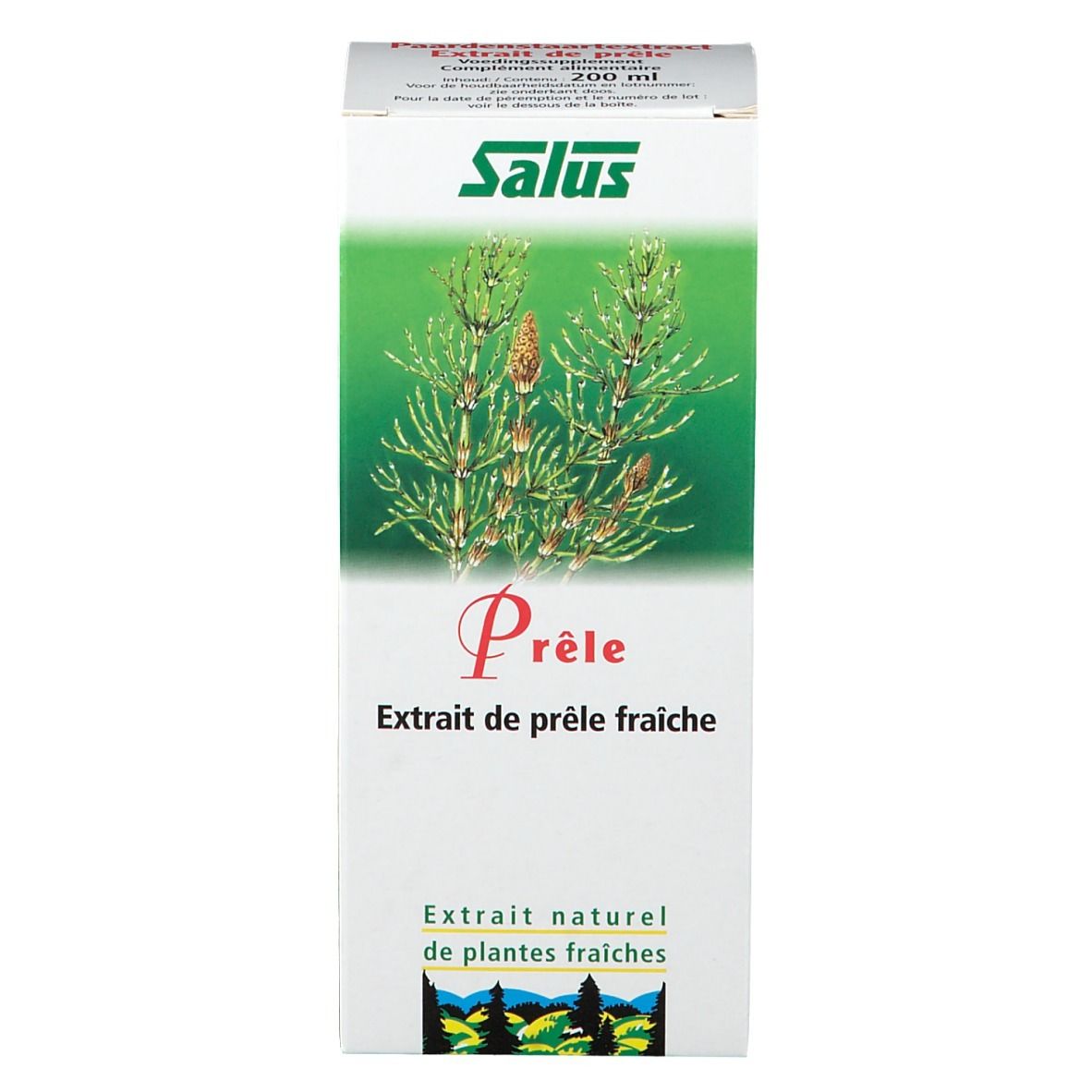 Productverpakking. Witte doos met plantenafbeelding en tekst: Salus, Prêle, Extrait de prêle fraîche. 200 ml.