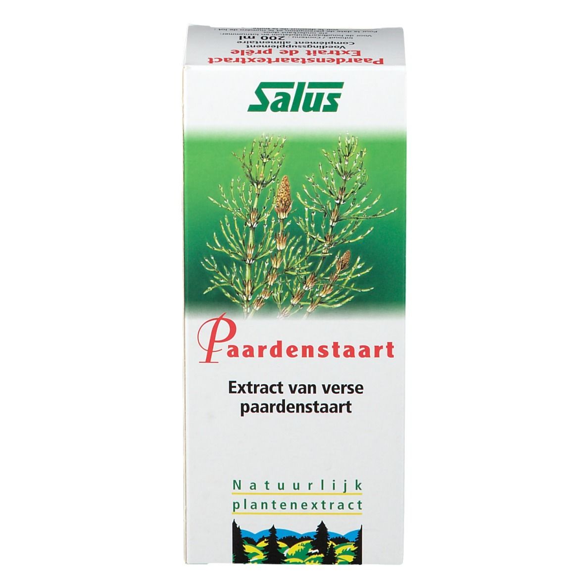 Productverpakking. Witte doos met plantenafbeelding en tekst: Salus, Paardenstaart, Extract van verse paardenstaart. 200 ml.