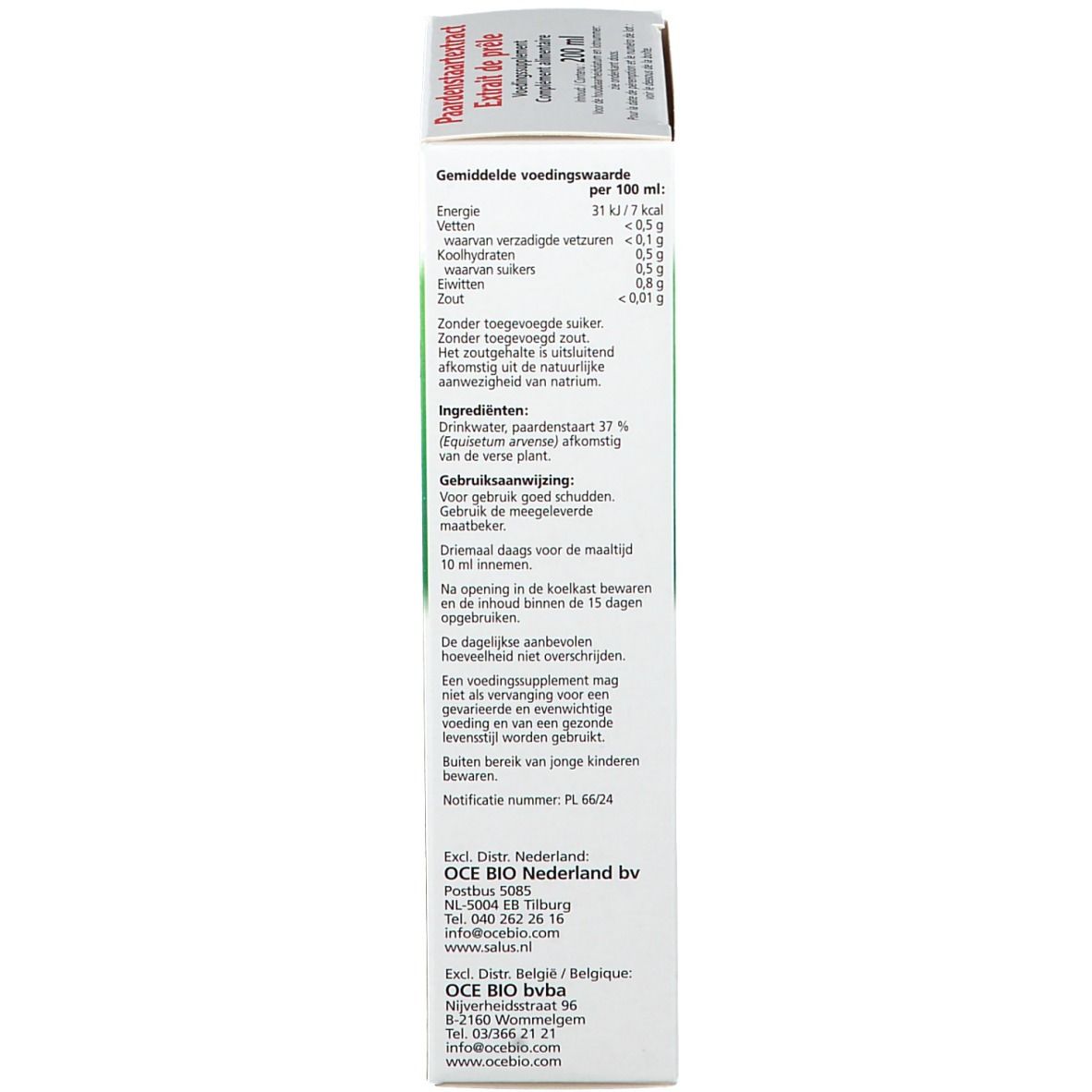 Achterkant van de productverpakking. Tekst: Voedingswaarde, ingrediënten, gebruiksaanwijzing. Fabrikantinformatie en contact.