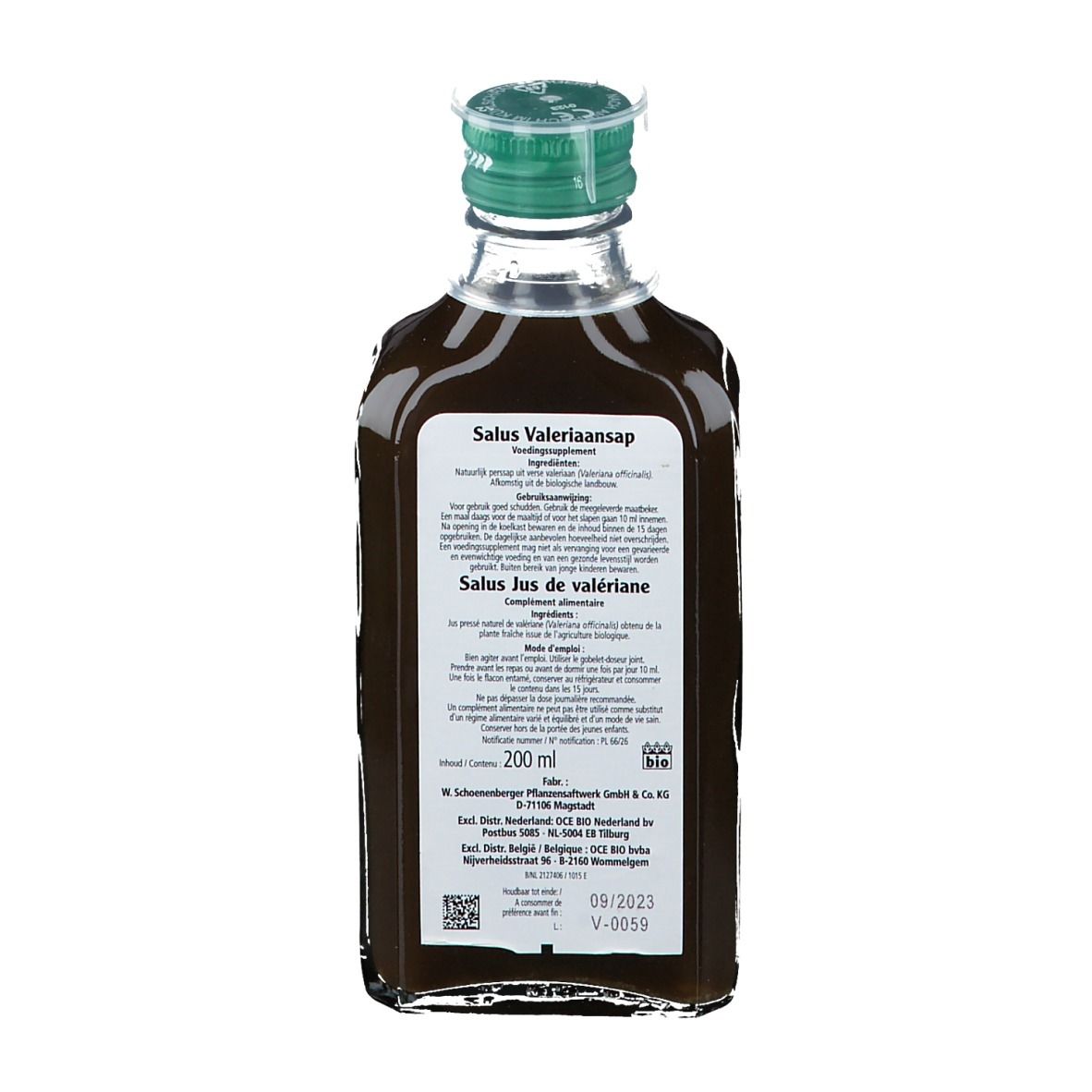 Rückseite einer braunen Glasflasche mit grünem Deckel. Etikett mit Text. 200 ml.