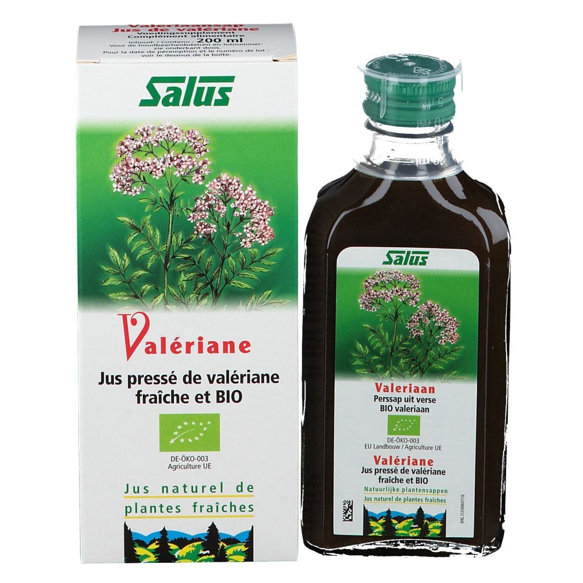 Produktflasche und Verpackung. Flasche braun, Verpackung weiß mit grünem Logo und Pflanzenabbildung. 200 ml.