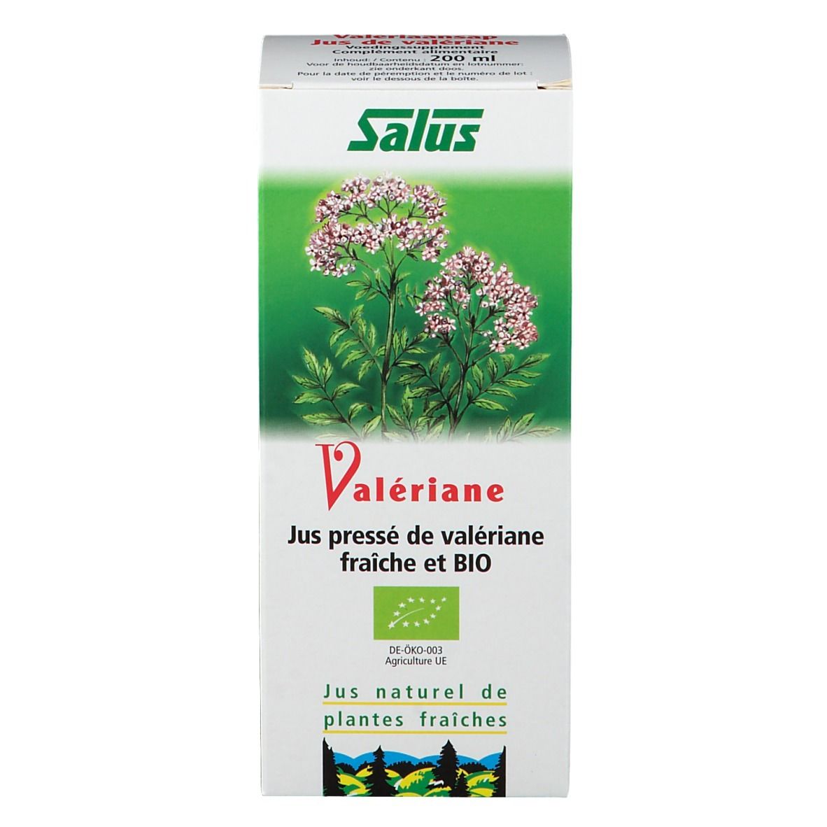 Weiße Verpackung mit grünem Logo und Pflanzenabbildung. Text: Valériane, Jus pressé de valériane fraîche et BIO.