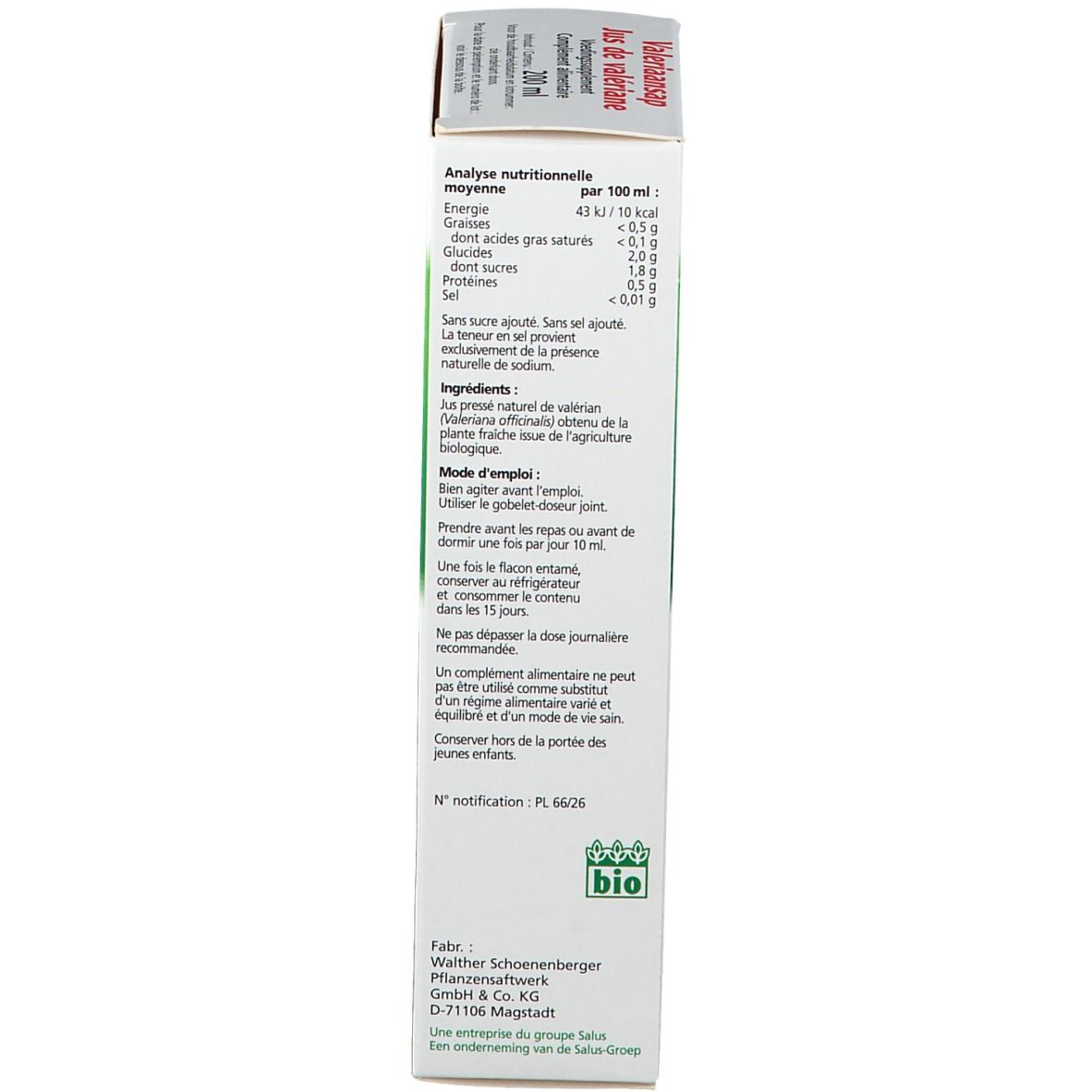 Weiße Verpackung, Detailansicht. Text und Nährwertangaben. Bio-Siegel.