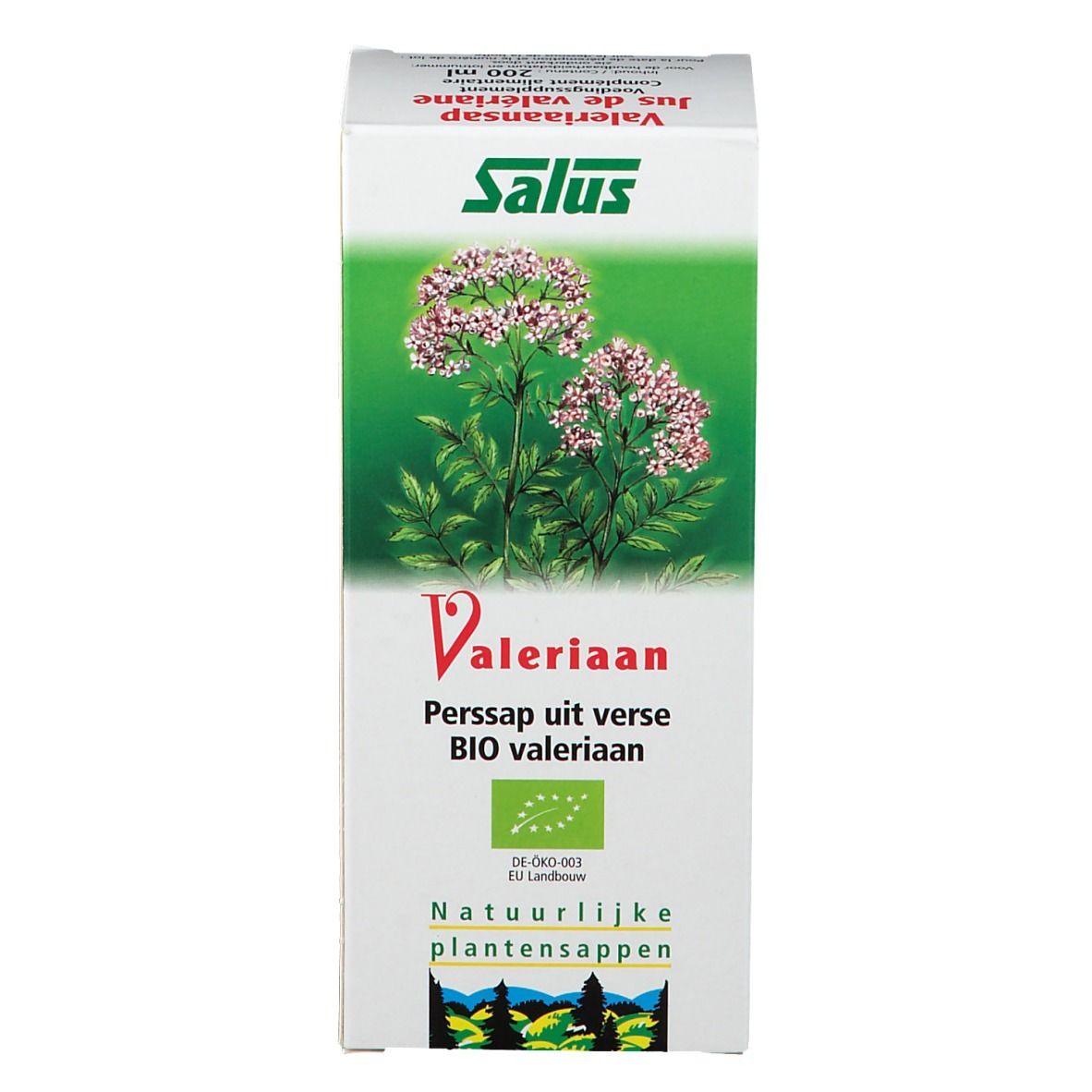 Weiße Verpackung mit grünem Logo und Pflanzenabbildung. Text: Valeriana, Perssap uit verse BIO valeriana.