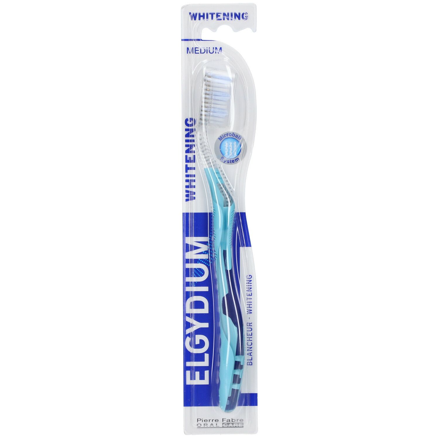 Elgydium Blancheur tandenborstel, blauw, in verpakking. Opschrift: Whitening, Pierre Fabre.