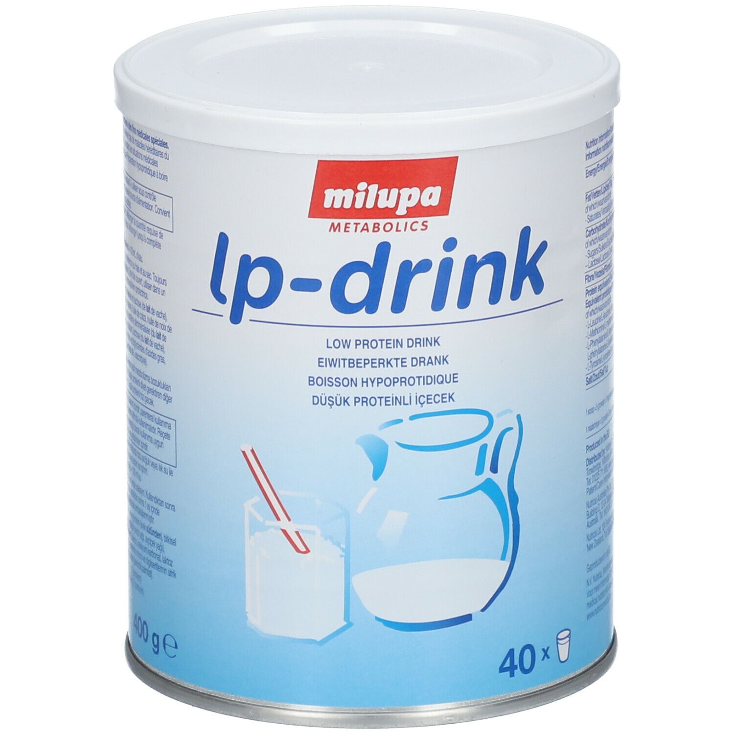 Boîte Milupa lp-drink. Boîte blanche et bleue avec nom du produit et image d'une boisson. 400g. 40 portions.