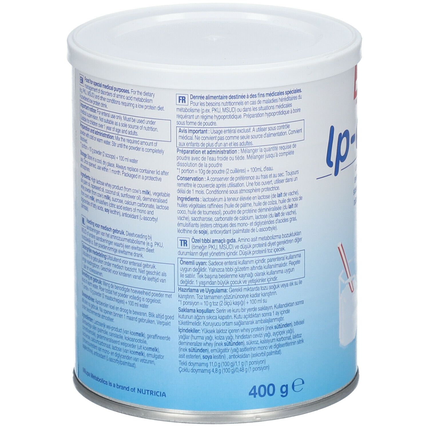 Dos de la boîte Milupa lp-drink. Texte en plusieurs langues. 400g. Liste des ingrédients, mode d'emploi et informations nutritionnelles.