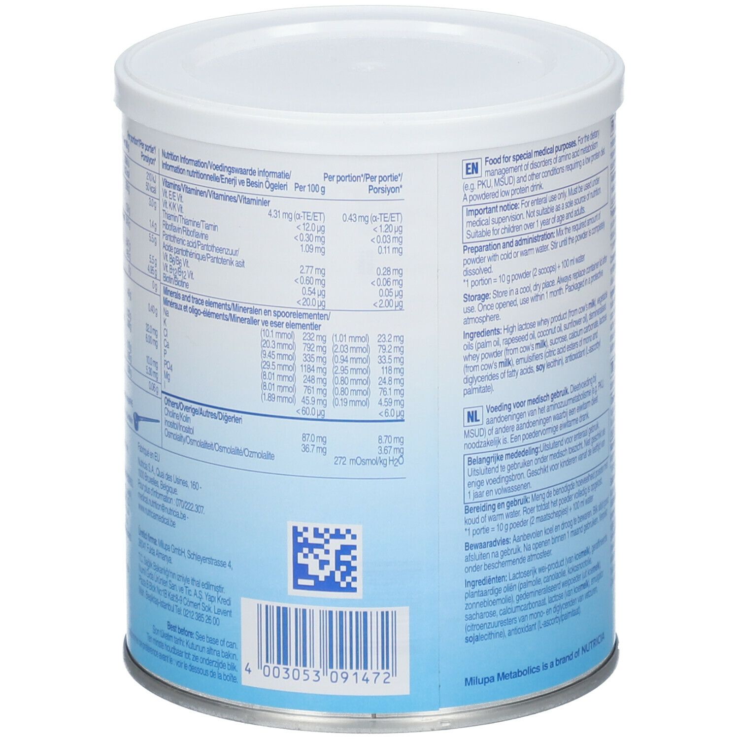Dos de la boîte Milupa lp-drink. Informations nutritionnelles et code QR. 400g. Informations par portion et pour 100g.