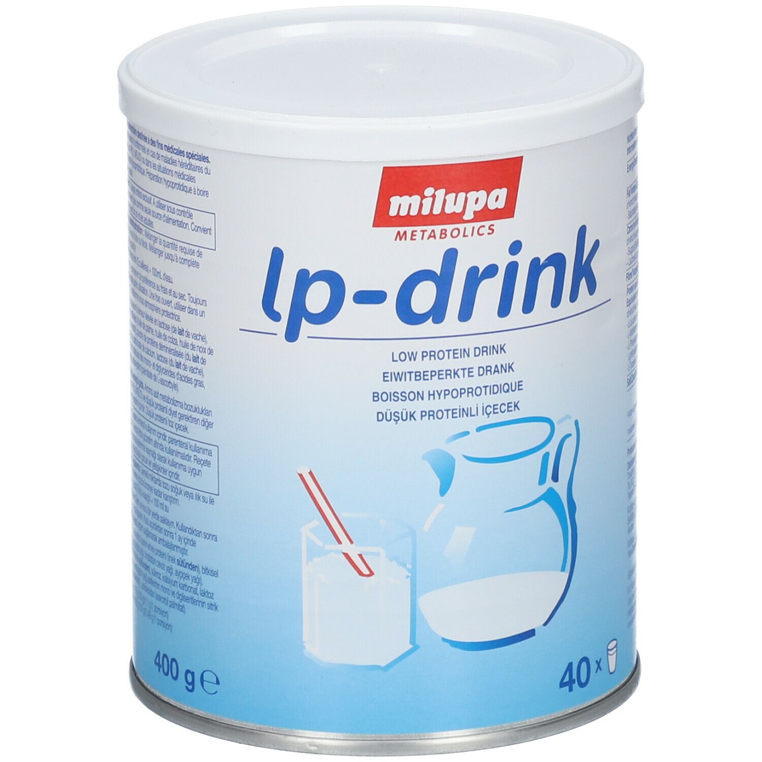 Boîte Milupa lp-drink. Boîte blanche et bleue avec nom du produit et image d'une boisson. 400g. 40 portions.