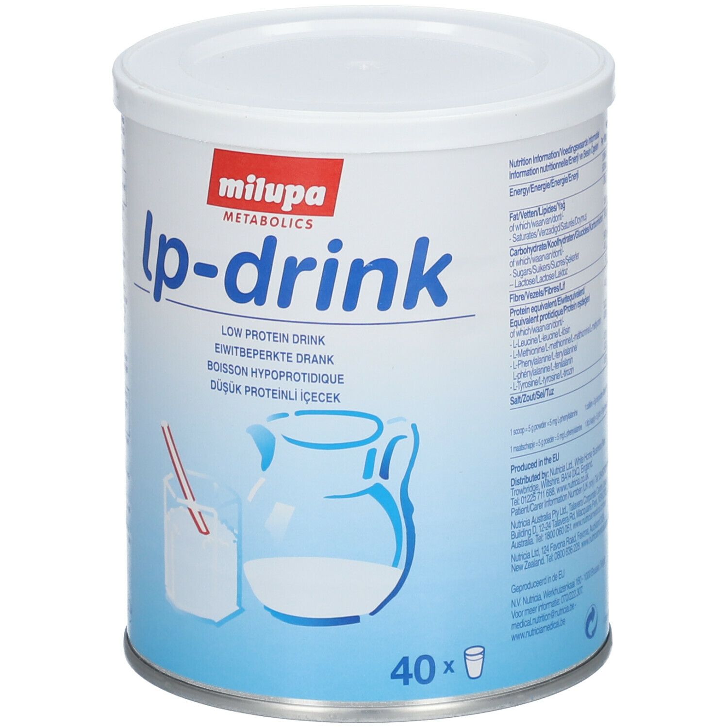 Boîte Milupa lp-drink. Boîte blanche et bleue avec nom du produit et image d'une boisson. 400g. 40 portions.