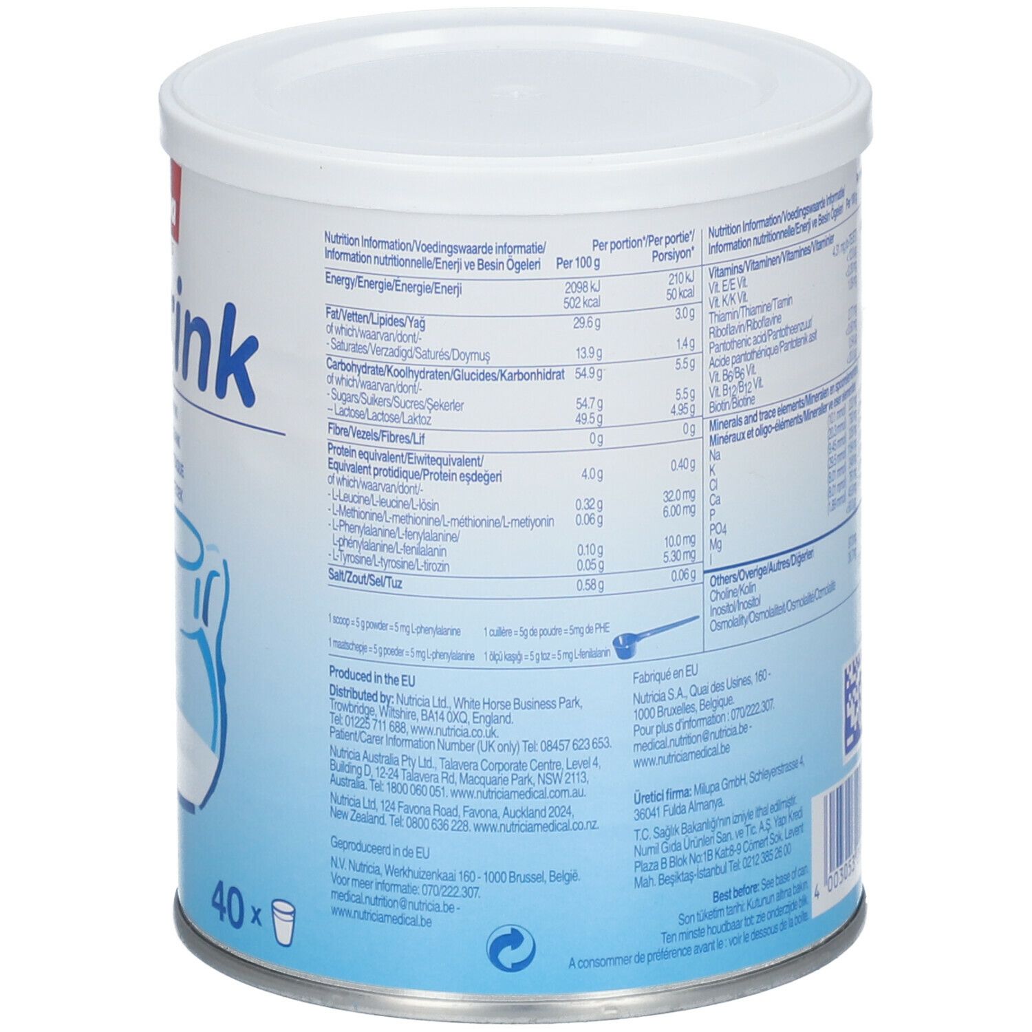 Dos de la boîte Milupa lp-drink. Informations nutritionnelles et informations du fabricant. 400g. Informations par portion.