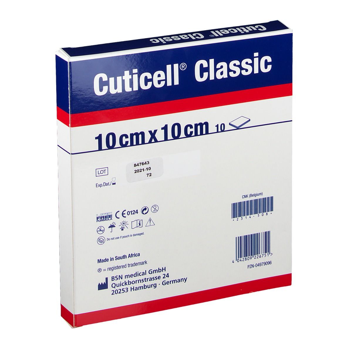 Dos de l'emballage Cuticell® Classic. Informations, numéro de lot, date d'expiration, marquage CE et code-barres.