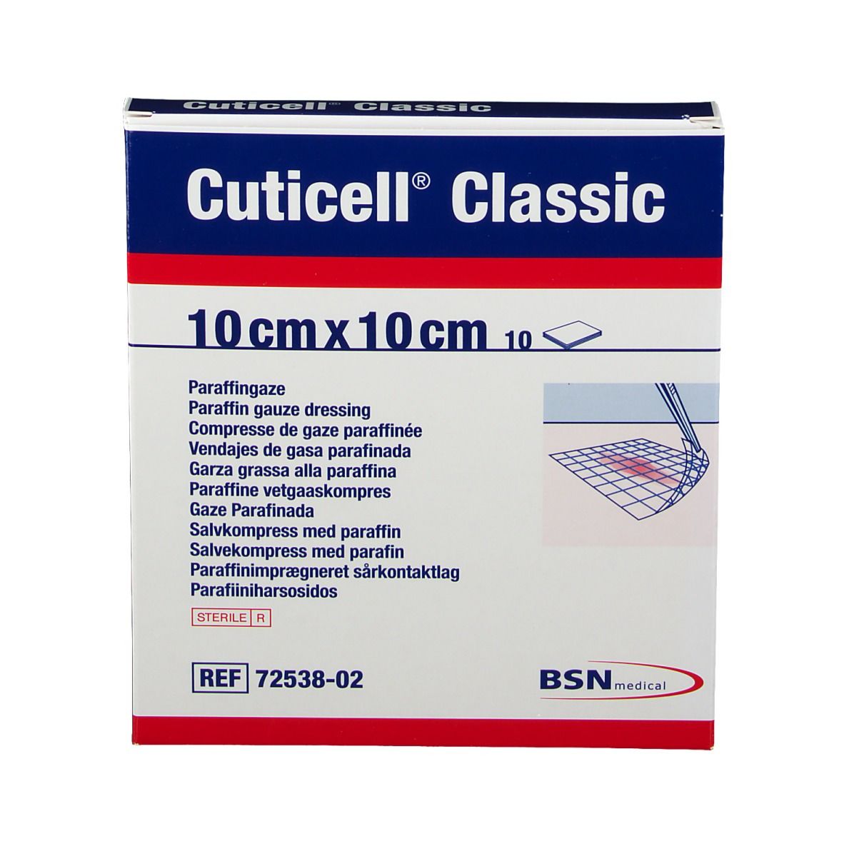 Emballage Cuticell® Classic, 10 cm x 10 cm. Boîte bleue et blanche avec informations et illustration du produit.