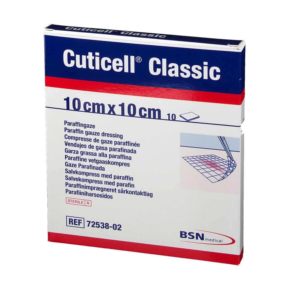 Emballage Cuticell® Classic, 10 cm x 10 cm. Boîte bleue et blanche avec informations et illustration du produit.