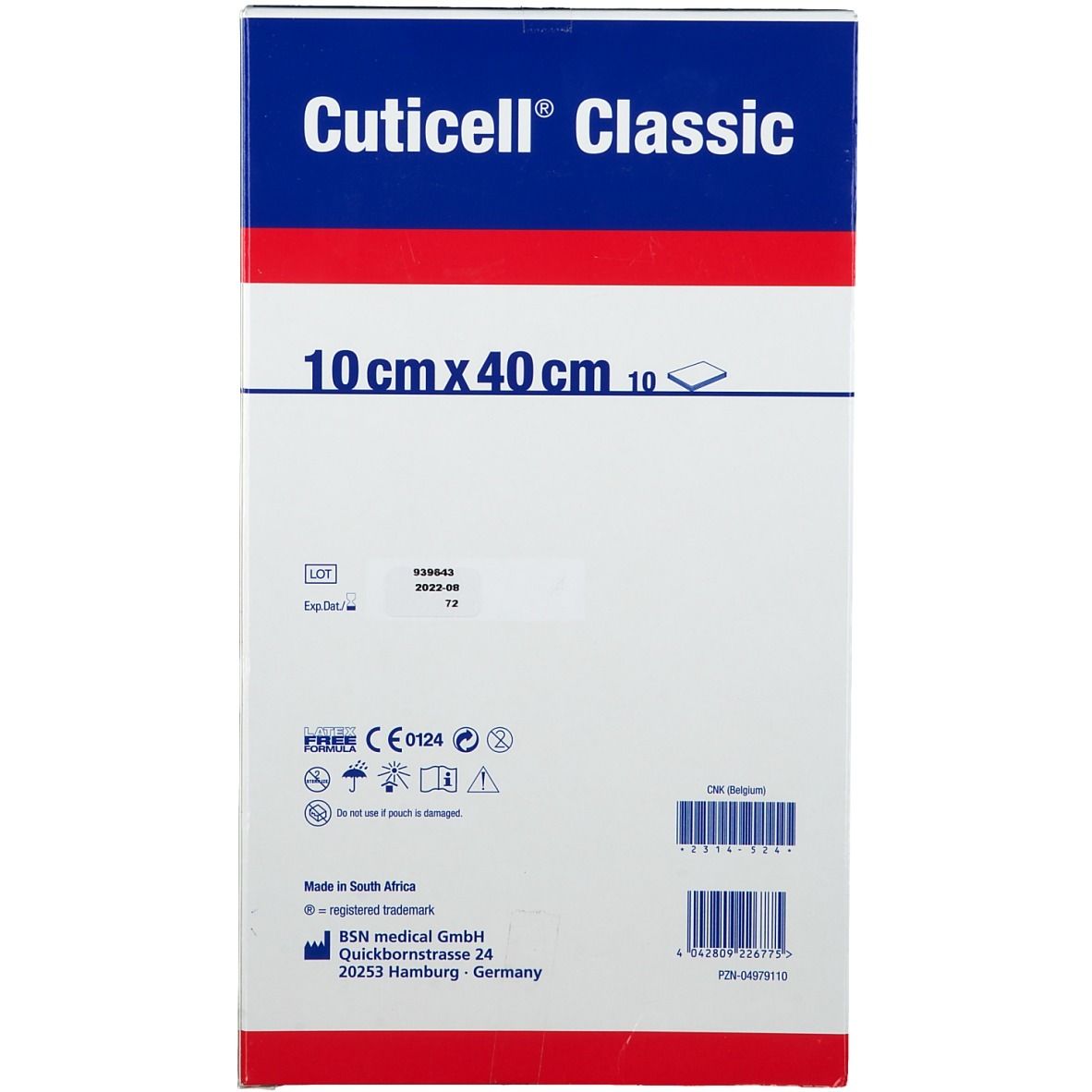 Dos de l'emballage Cuticell® Classic. Contient des informations telles que le numéro de lot, la date d'expiration et le marquage CE.