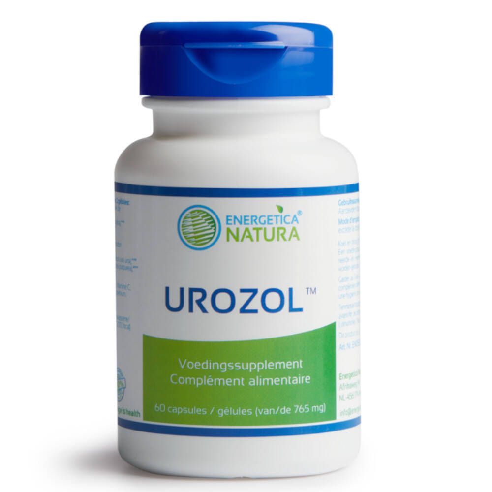Flacone bianco con tappo blu. Scritta: ENERGETICA NATURA UROZOL. Etichetta verde-bianca con testo.