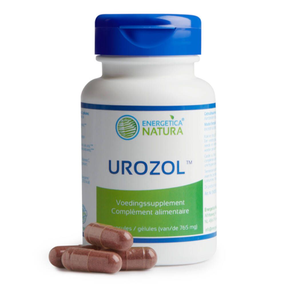 Flacone bianco con tappo blu e capsule marroni accanto. Scritta: ENERGETICA NATURA UROZOL.