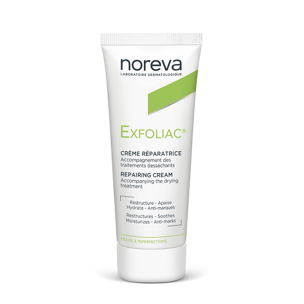 Weiße Tube mit grünem Akzent. Aufschrift: noreva, Exfoliac, Crème Réparatrice. Produkt für trockene Haut.